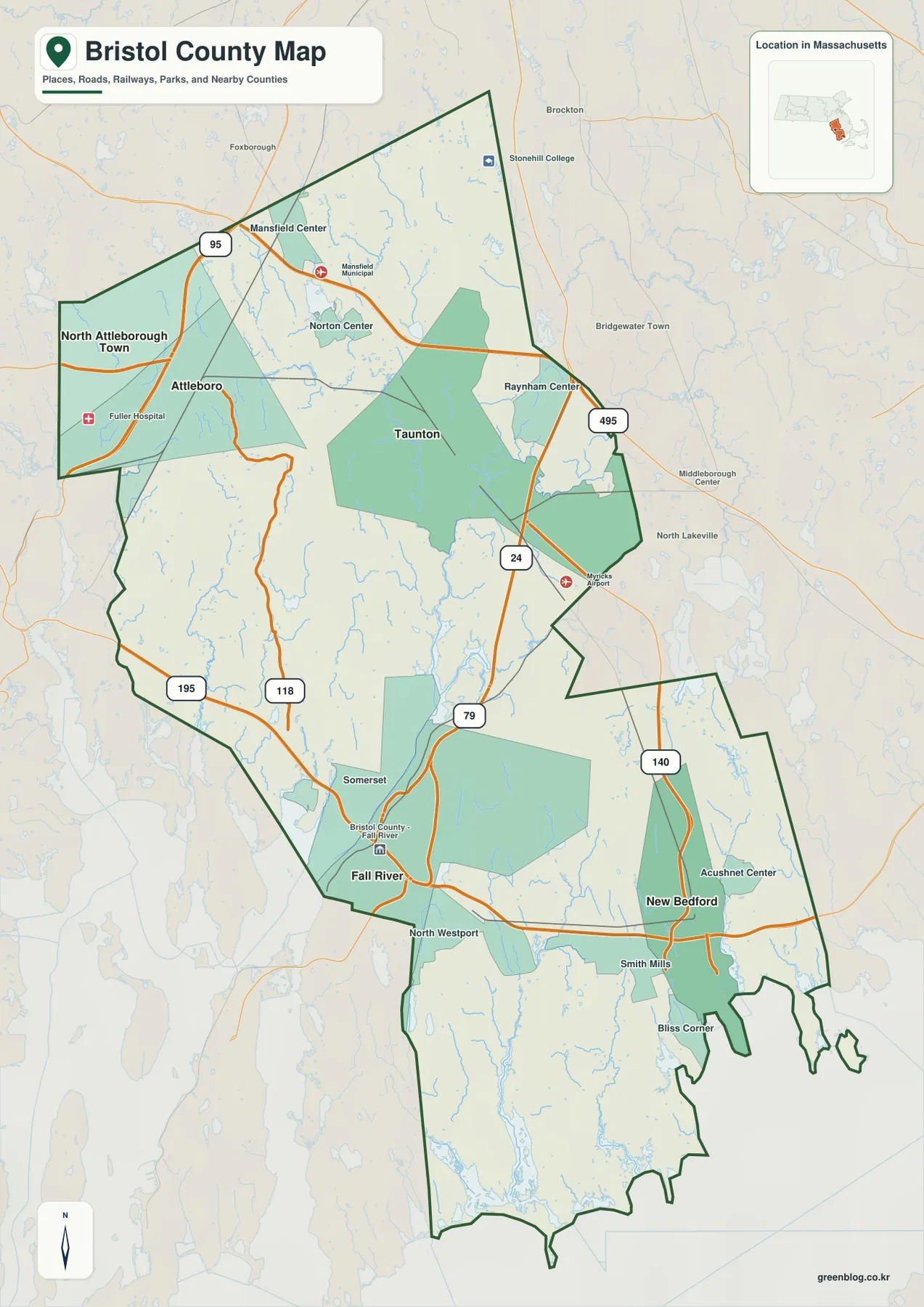 Taunton, Attleboro, Fall River, New Bedford와 I-95, I-495, I-195, Route 24, Route 140이 표시된 Bristol County Massachusetts 지도