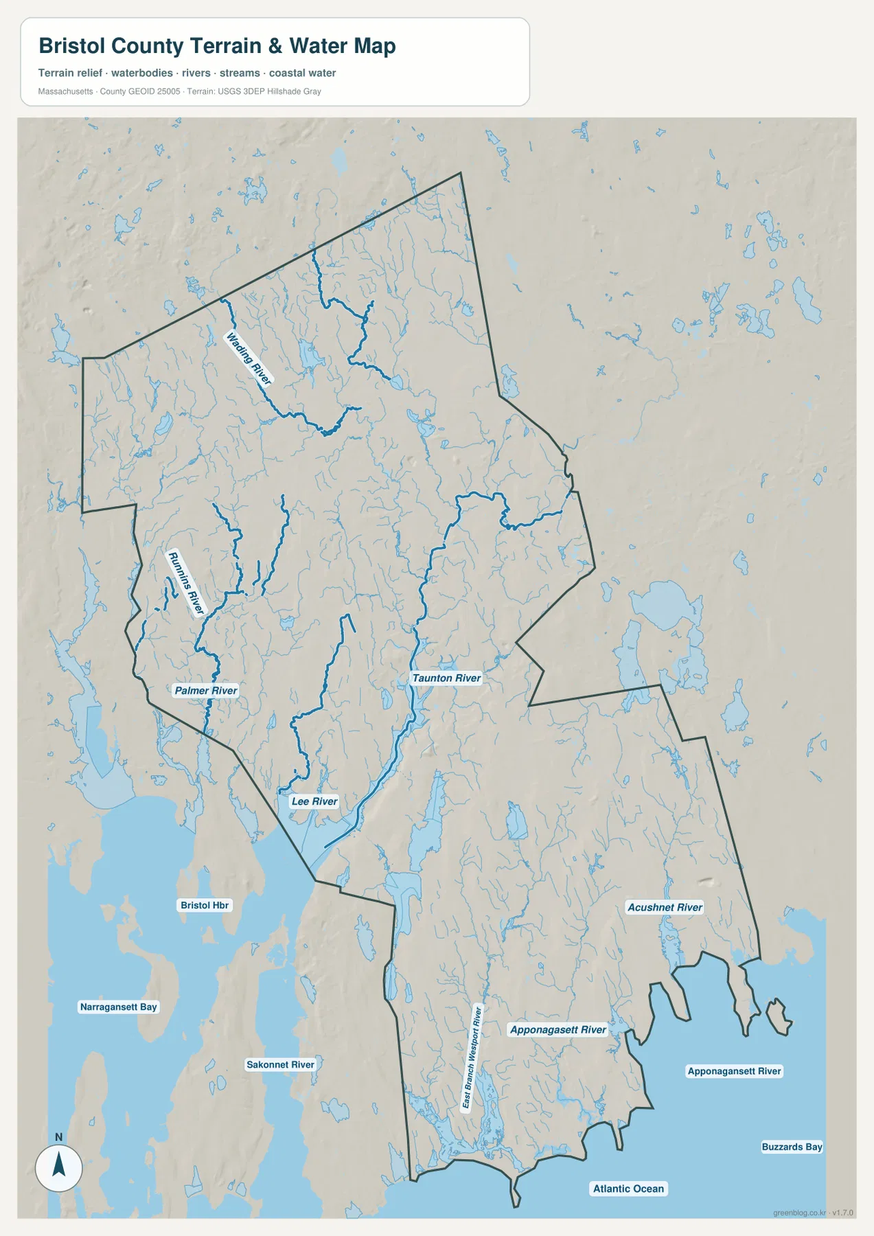 Taunton River, Wading River, Rumford River, Palmer River, Lee River, Acushnet River, Apponagansett River와 Buzzards Bay가 표시된 Bristol County 수역 지도