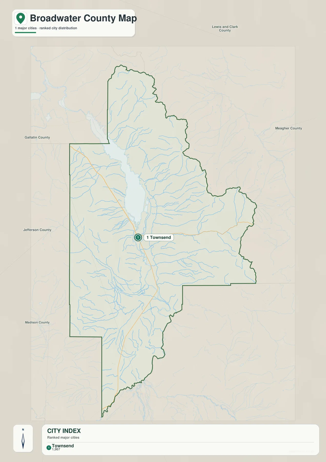Broadwater County city map highlighting Townsend in central Montana