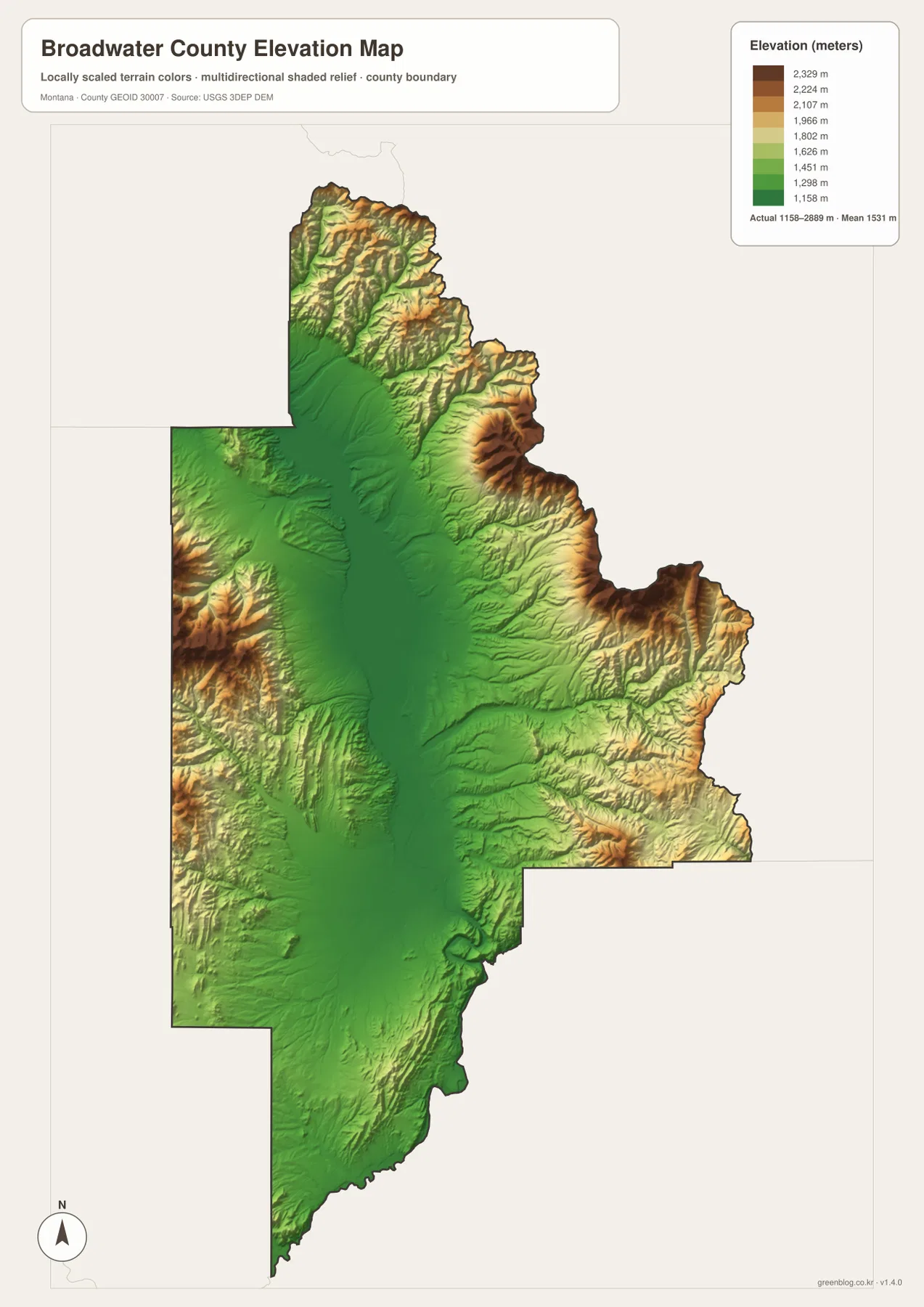 Broadwater County elevation map showing a range of 1158 to 2889 meters and a mean of 1531 meters
