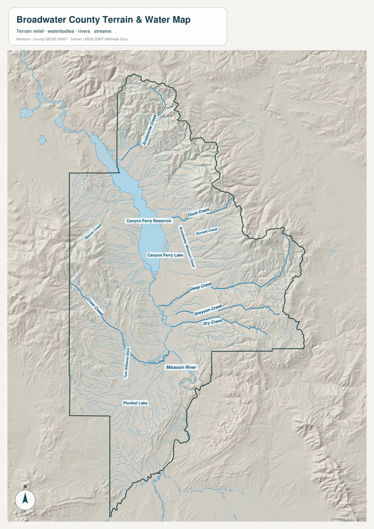 Broadwater County terrain and water map showing Canyon Ferry Reservoir, Missouri River, Deep Creek, and Crow Creek