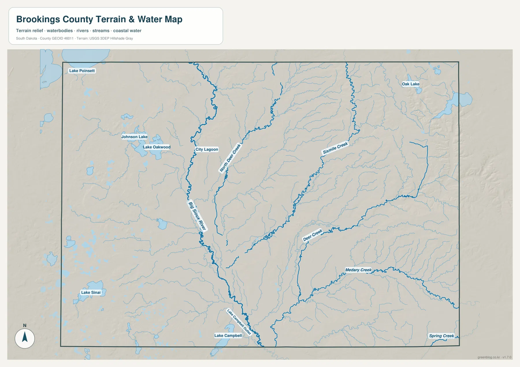 Big Sioux River, Lake Poinsett, Lake Oakwood, Oak Lake, Lake Campbell과 주요 개울이 표시된 브루킹스 카운티 수역 지형 지도