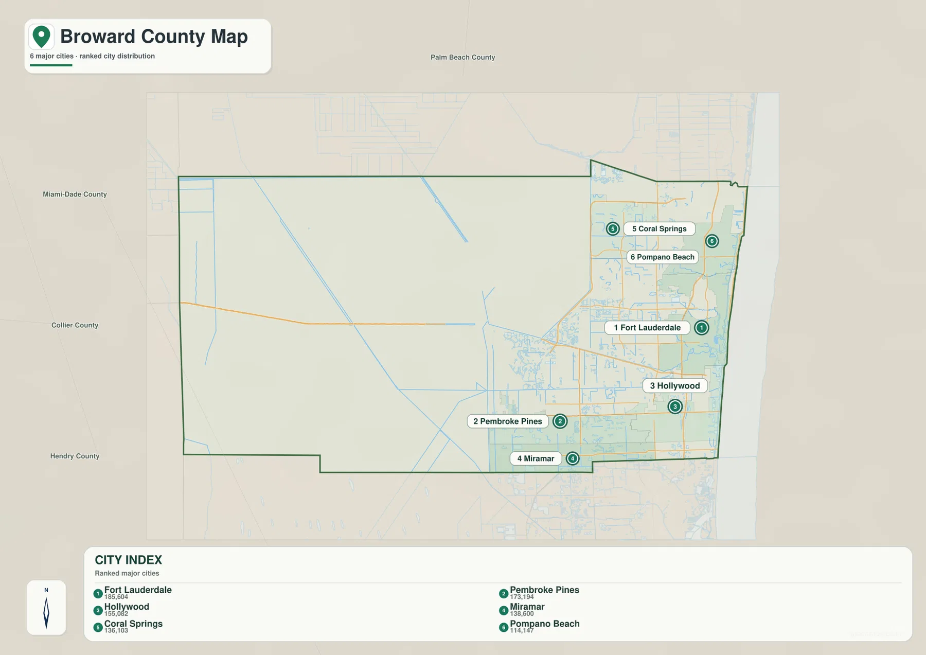 Broward County map of six major cities including Fort Lauderdale Pembroke Pines and Hollywood