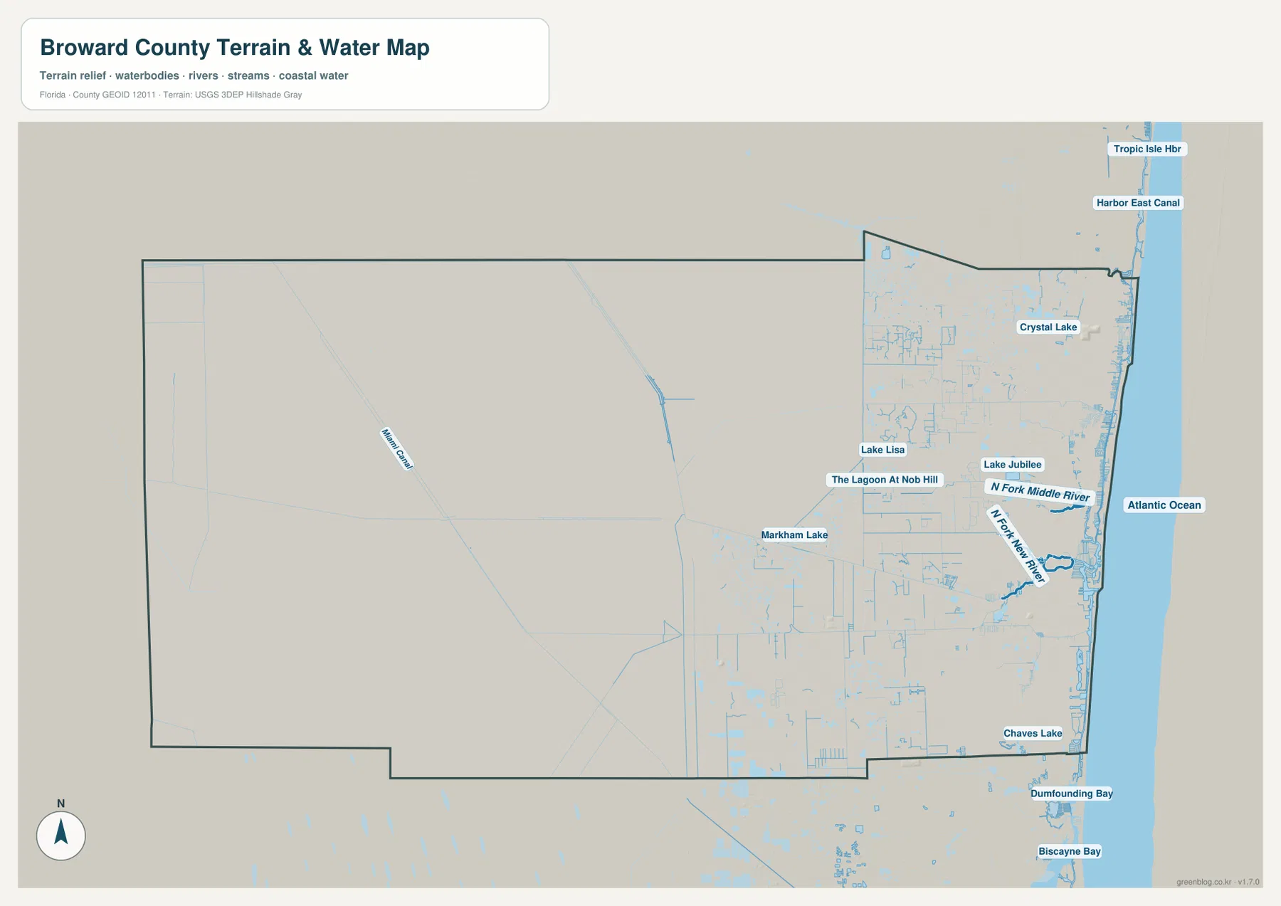 Broward County terrain and water map with Atlantic Ocean rivers canals and lakes