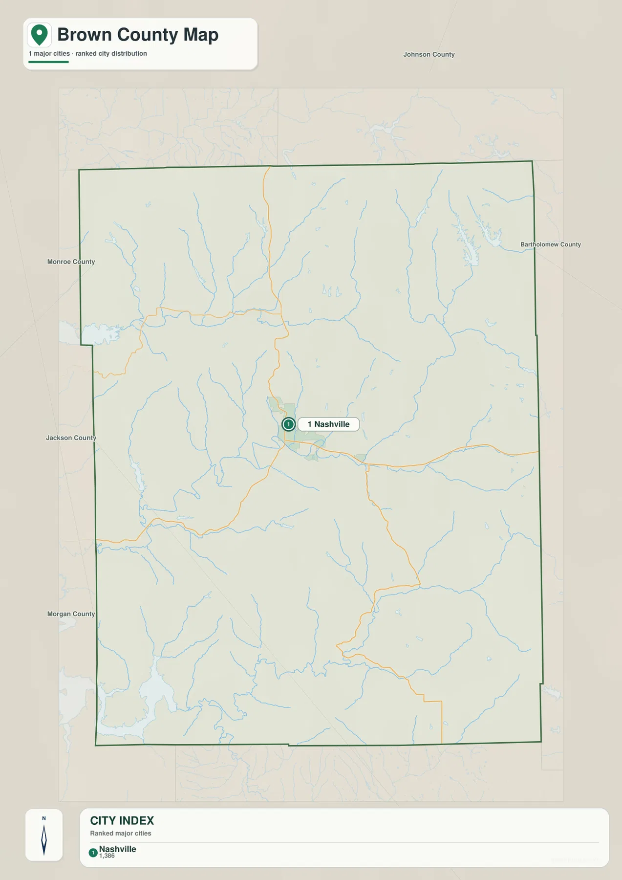 Brown County 도시 분포 지도에서 주요 정착지 Nashville과 주변 카운티 이름을 단순하게 표시한 모습