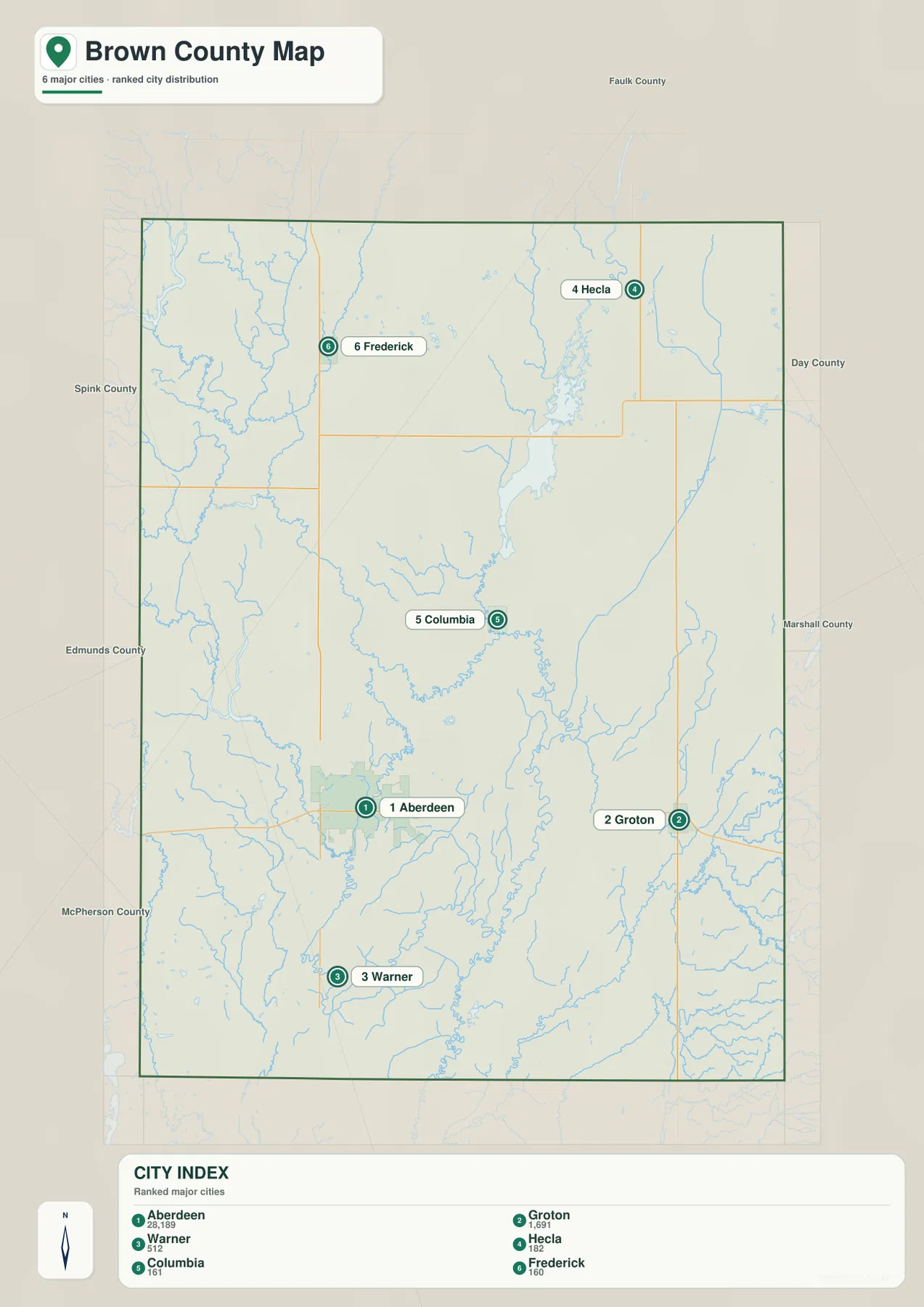 Brown County city map ranking Aberdeen, Groton, Warner, Hecla, Columbia, and Frederick