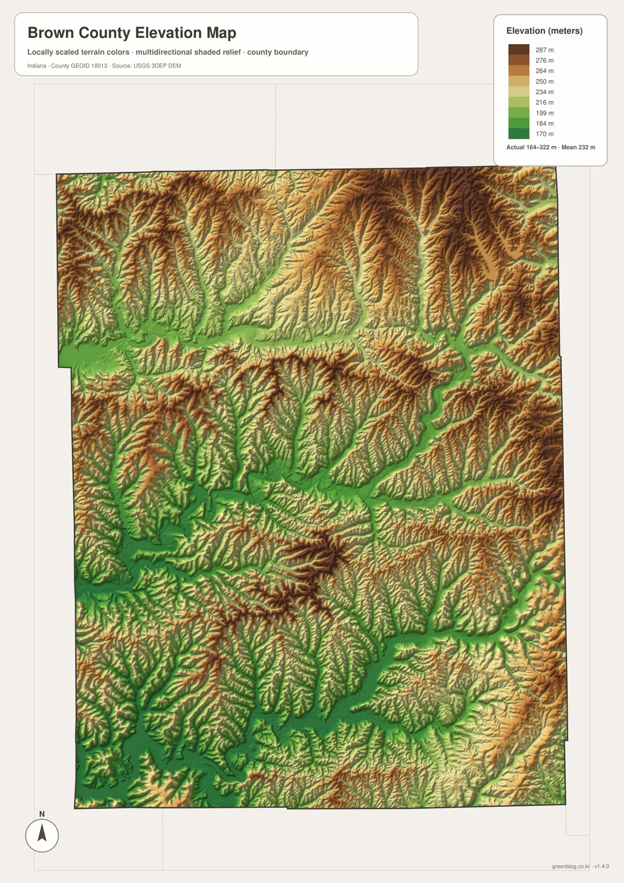 Brown County 고도 지도에서 164~322m 범위의 좁은 능선과 초록색 계곡, Monroe Lake 주변 저지를 표현한 모습