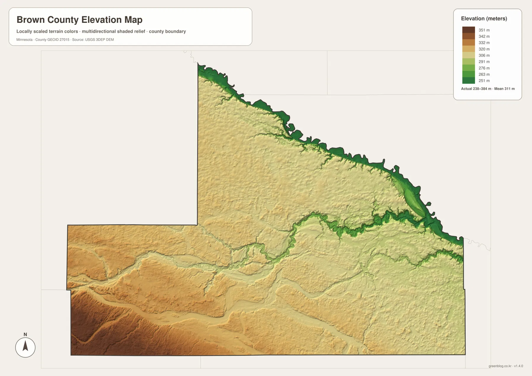 Brown County elevation map showing the 238–384 meter range, low Minnesota and Cottonwood river valleys, and high southwestern terrain