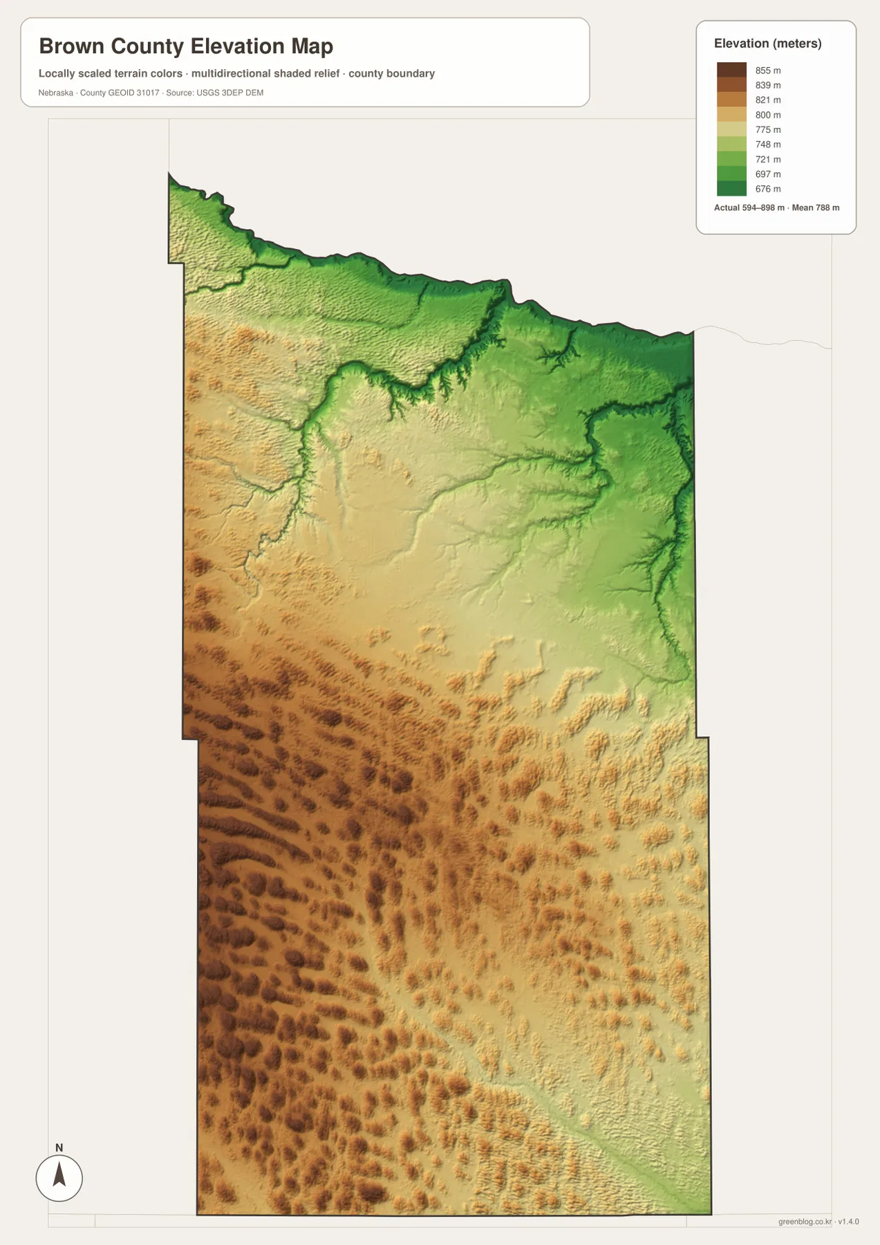 Brown County elevation map showing the low Niobrara River corridor and higher western and southwestern Sandhills