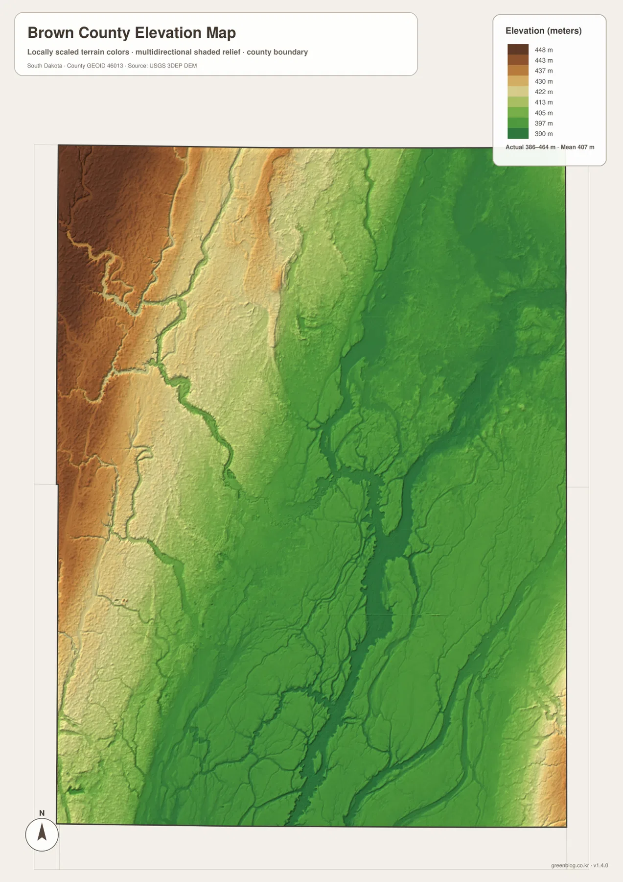 Brown County elevation map showing a 386 to 464 meter range, mean elevation 407 meters, high western terrain, and lower central eastern land