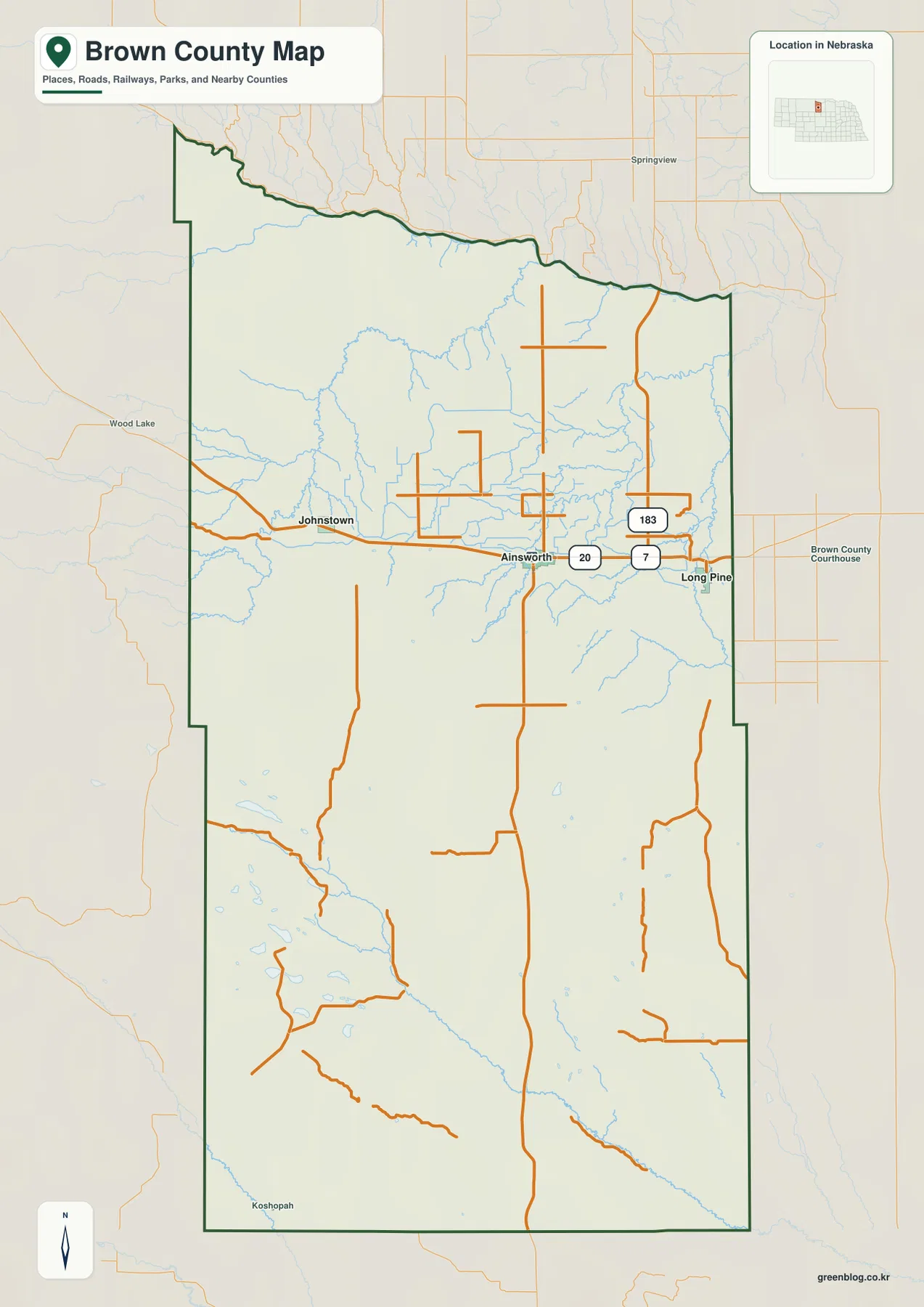 Brown County Nebraska map showing Ainsworth, Johnstown, Long Pine, U.S. 20, Nebraska 7, U.S. 183, streams, and county boundaries