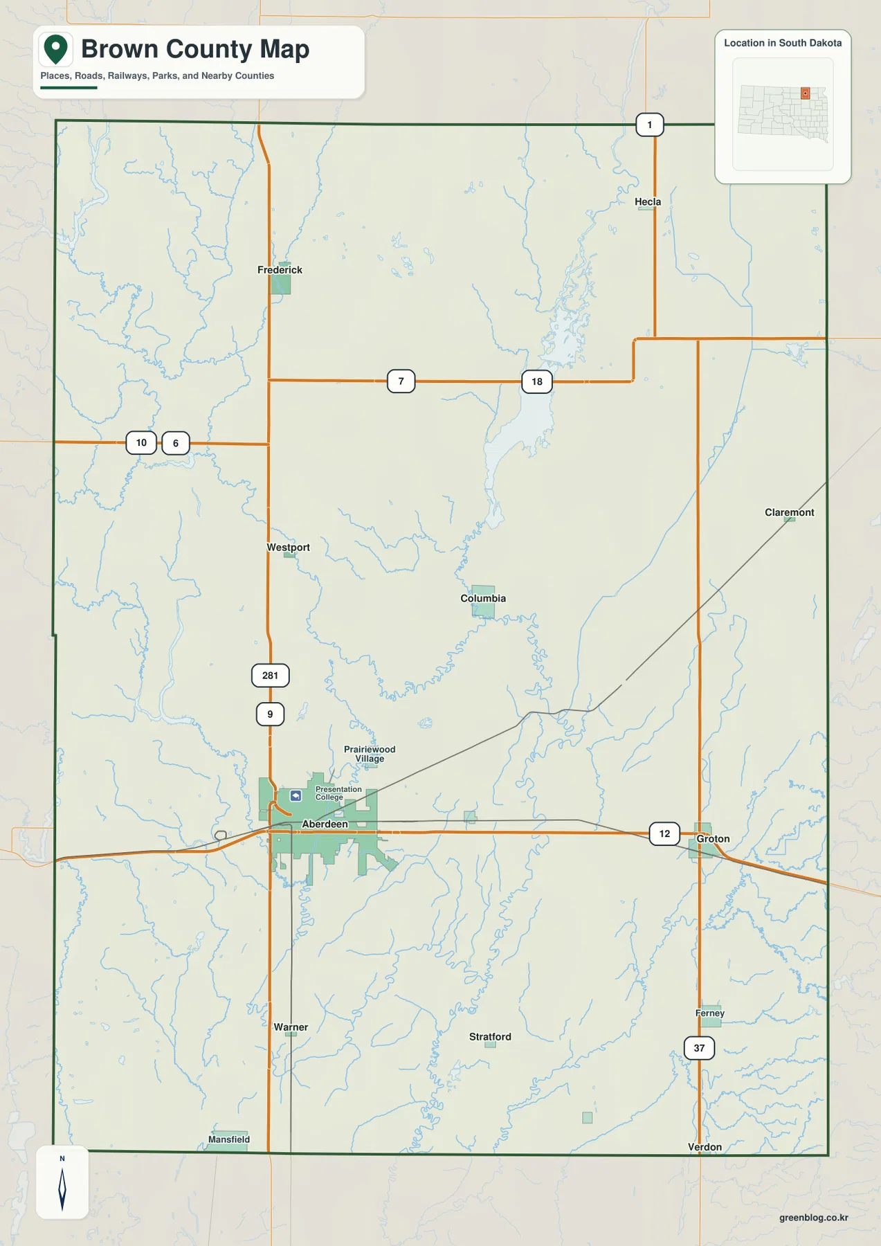 Brown County South Dakota map showing Aberdeen, Groton, Warner, Hecla, Columbia, Frederick, US 12, US 281, and county roads