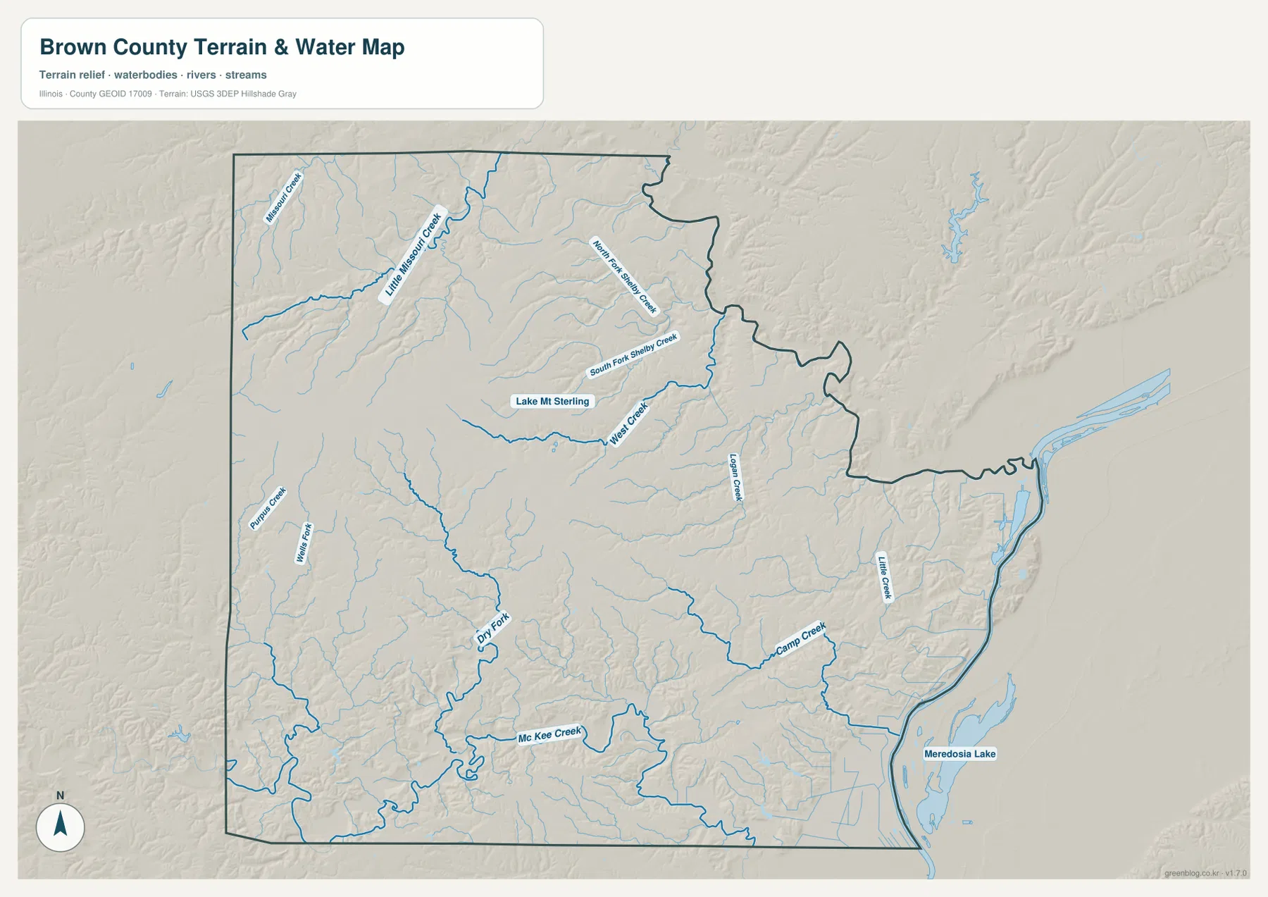 Lake Mt Sterling, Little Missouri Creek, Shelby Creek 지류, Camp Creek, Mc Kee Creek와 Meredosia Lake를 보여 주는 브라운 카운티 수역 지형 지도