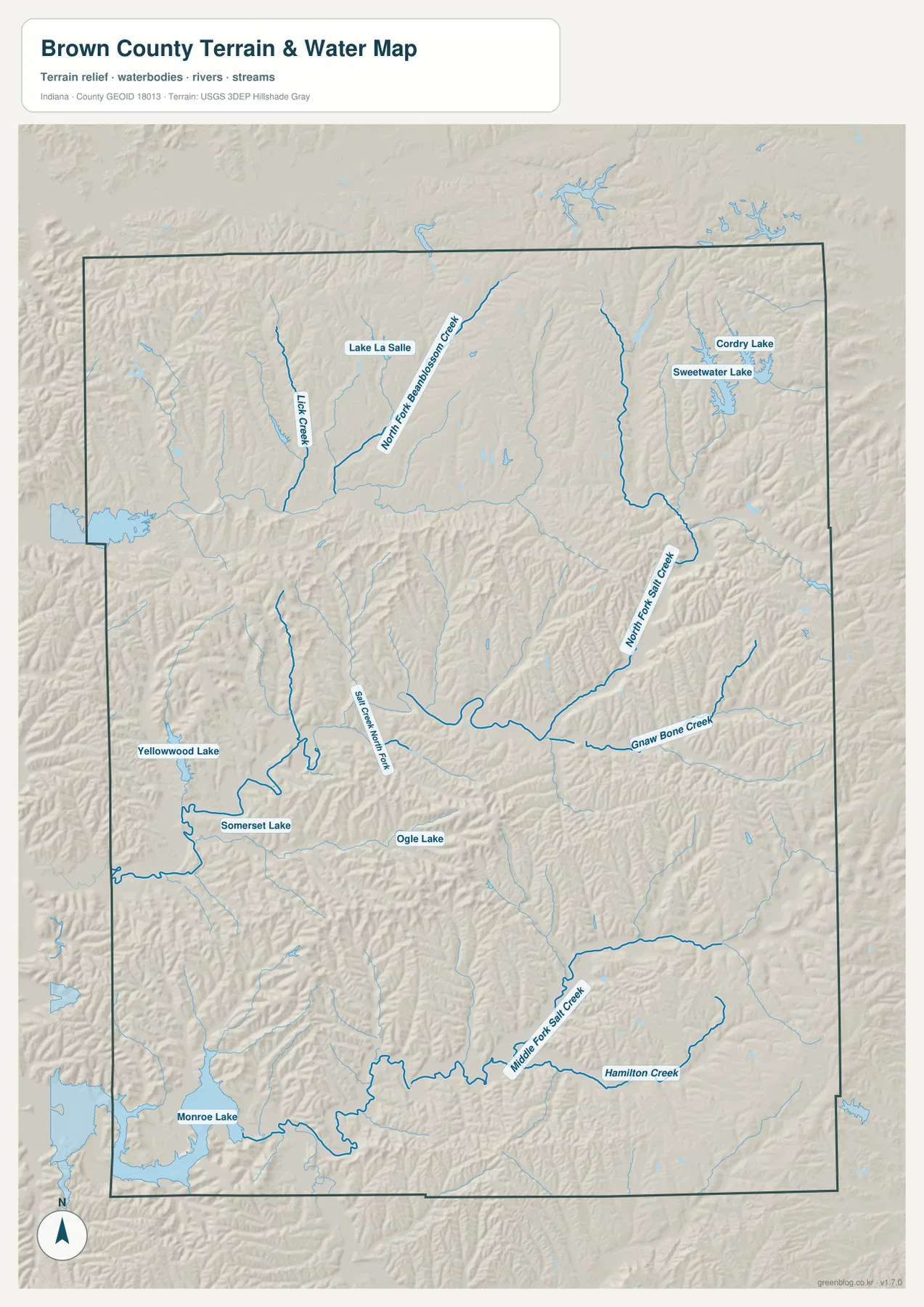 Brown County 지형 수역 지도에서 North Fork Salt Creek, North Fork Beanblossom Creek, Gnaw Bone Creek, Cordry Lake와 Monroe Lake를 표시한 모습