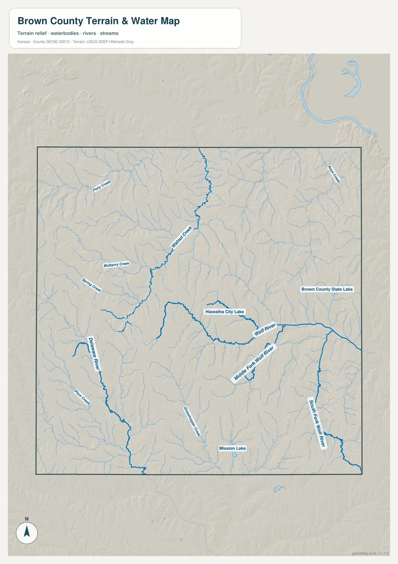 Wolf River, Middle Fork Wolf River, South Fork Wolf River, Delaware River와 주요 호수를 보여 주는 브라운 카운티 수역·지형 지도