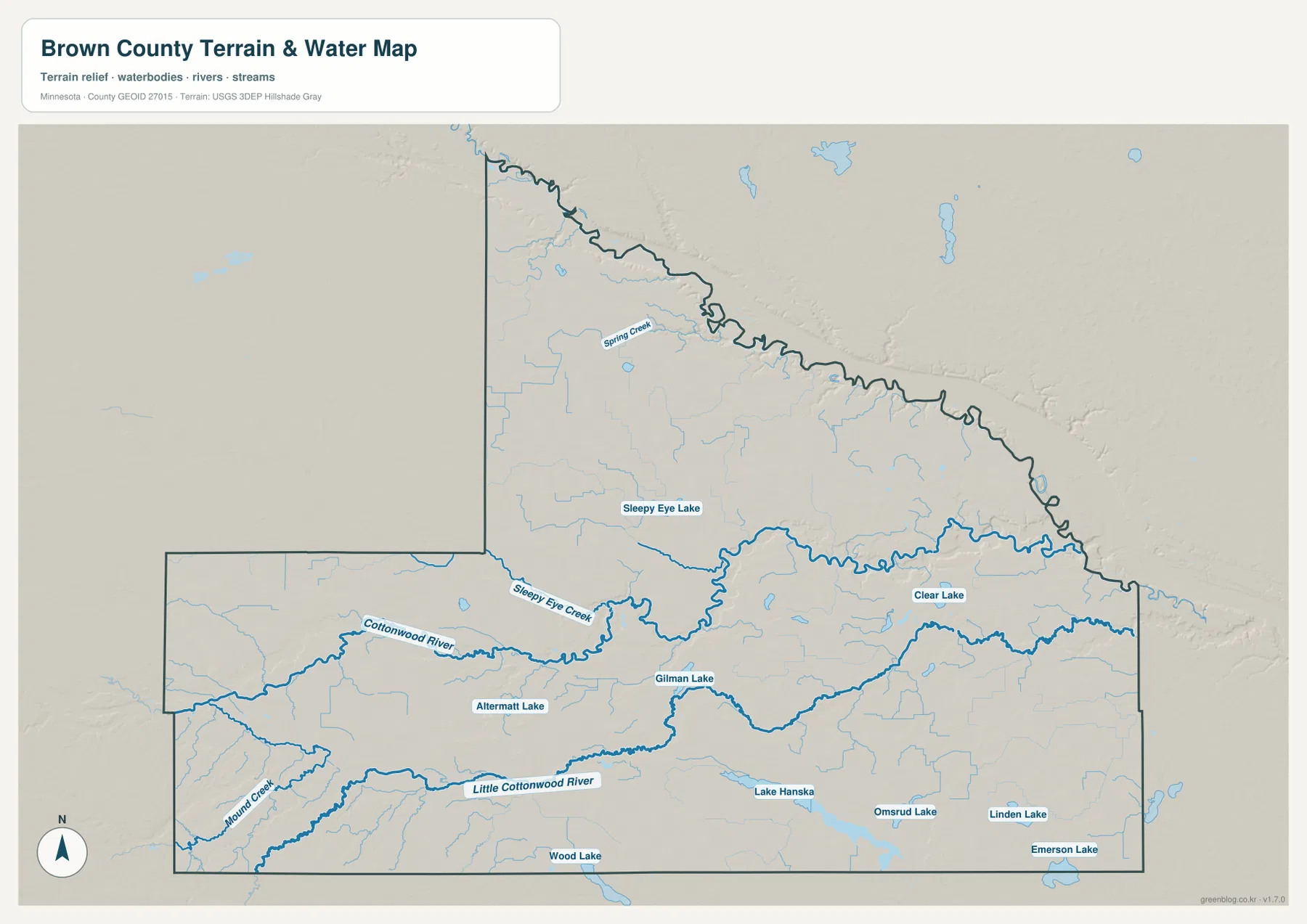 Brown County water map showing the Minnesota River, Cottonwood River, Sleepy Eye Creek, Little Cottonwood River, Lake Hanska, and other lakes