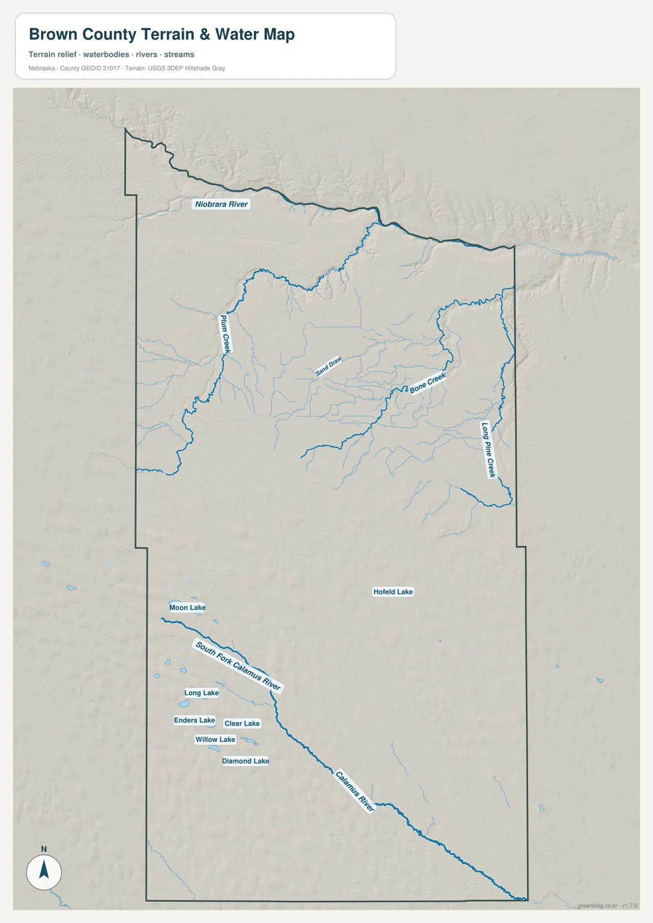 Brown County water map showing the Niobrara River, Plum Creek, Bone Creek, Long Pine Creek, Calamus River, and named lakes