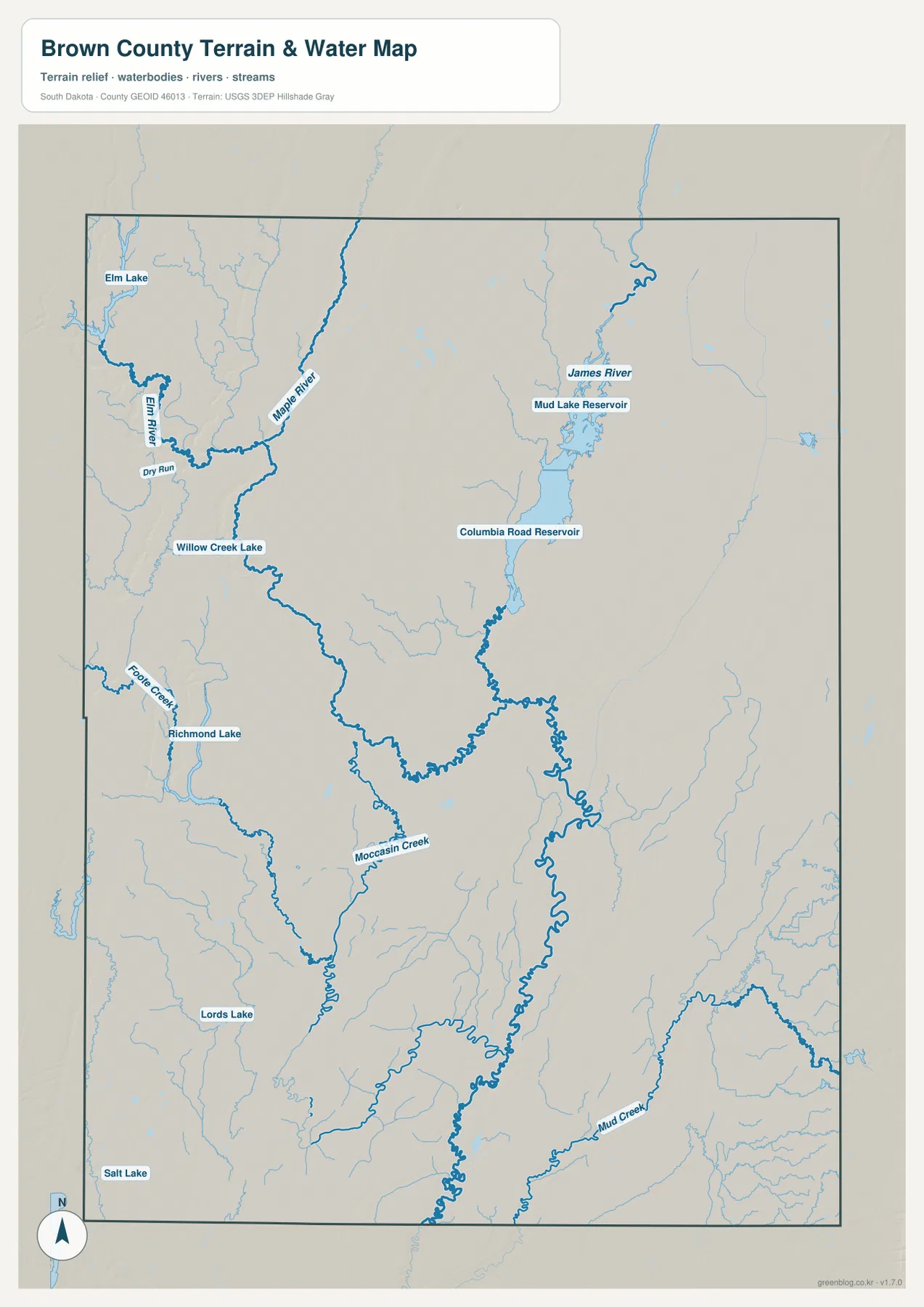 Brown County water map showing James River, Elm River, Maple River, Richmond Lake, Mud Lake Reservoir, and Columbia Road Reservoir
