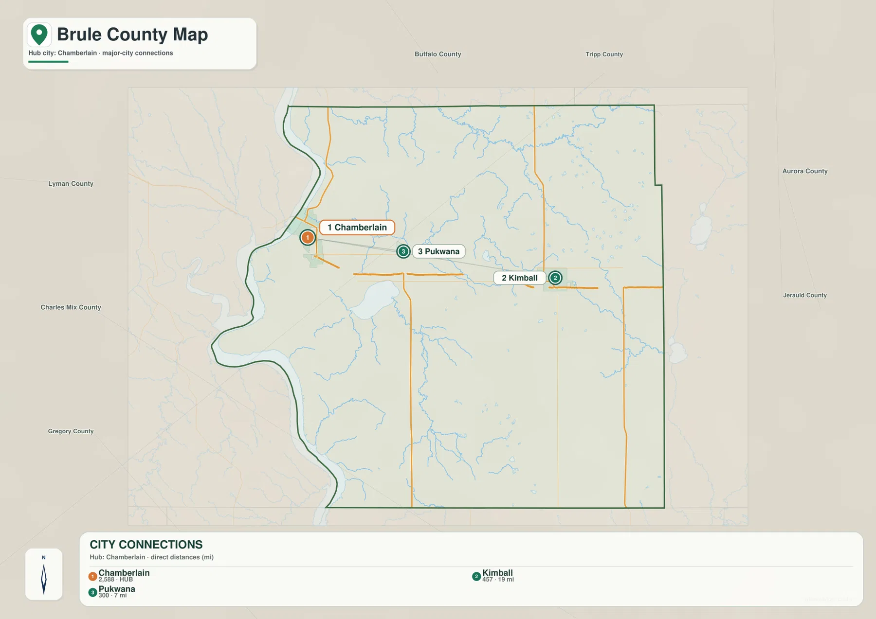 Brule County city connection map showing straight-line distances from Chamberlain to Pukwana and Kimball