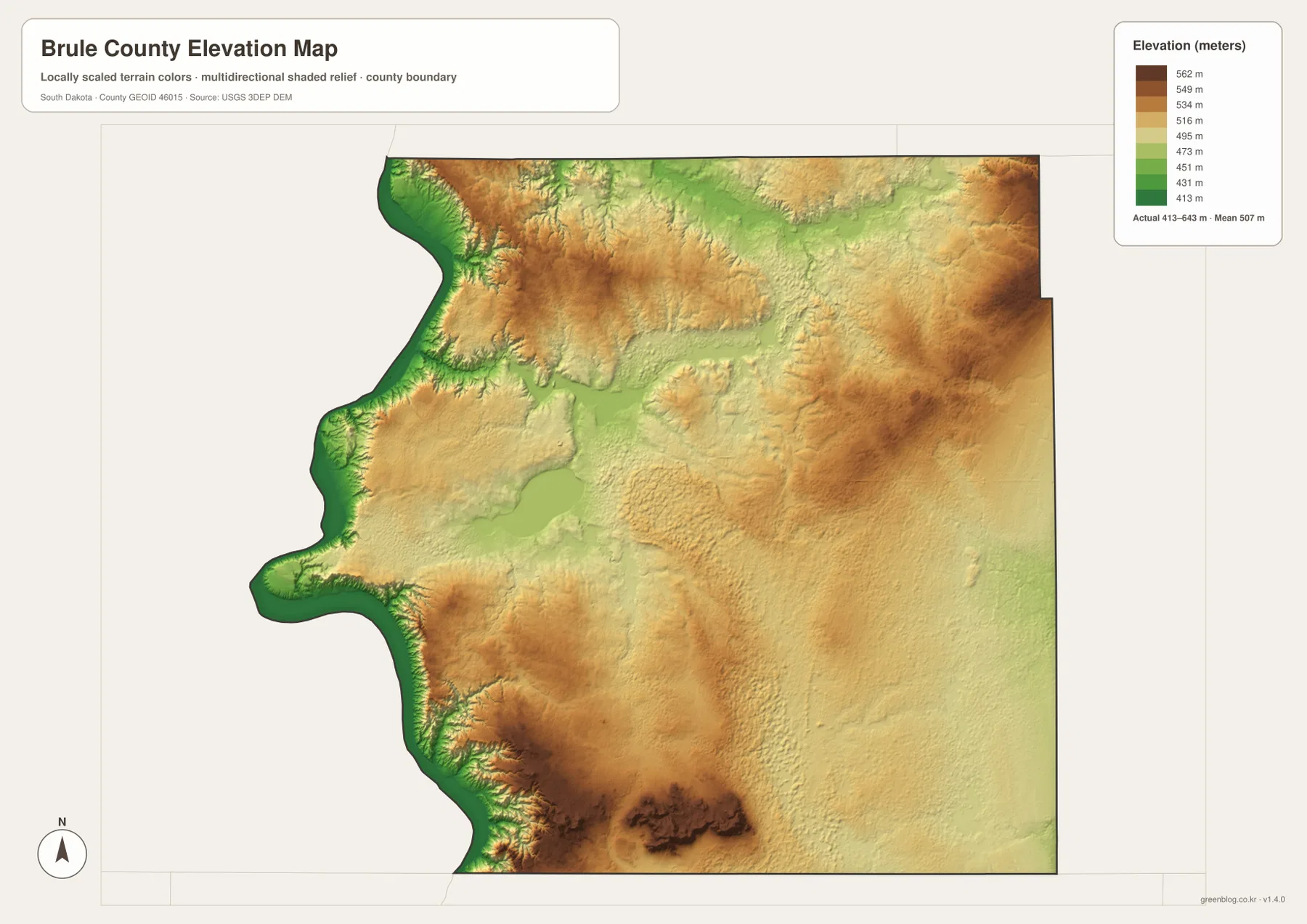 Brule County elevation map with an actual range of 413 to 643 meters and a mean of 507 meters