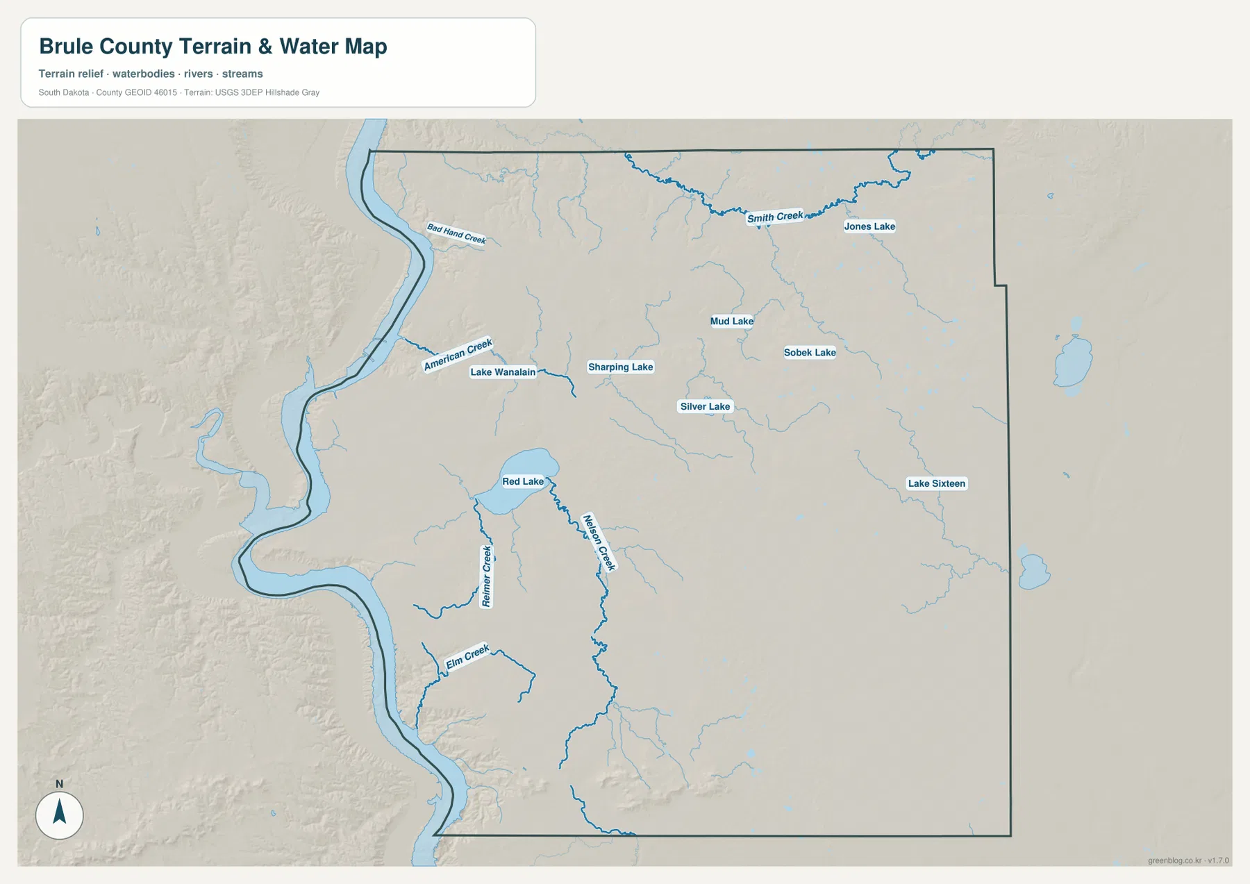 Brule County water map showing the Missouri River, Red Lake, Smith Creek, Nelson Creek, Reimer Creek, and Elm Creek