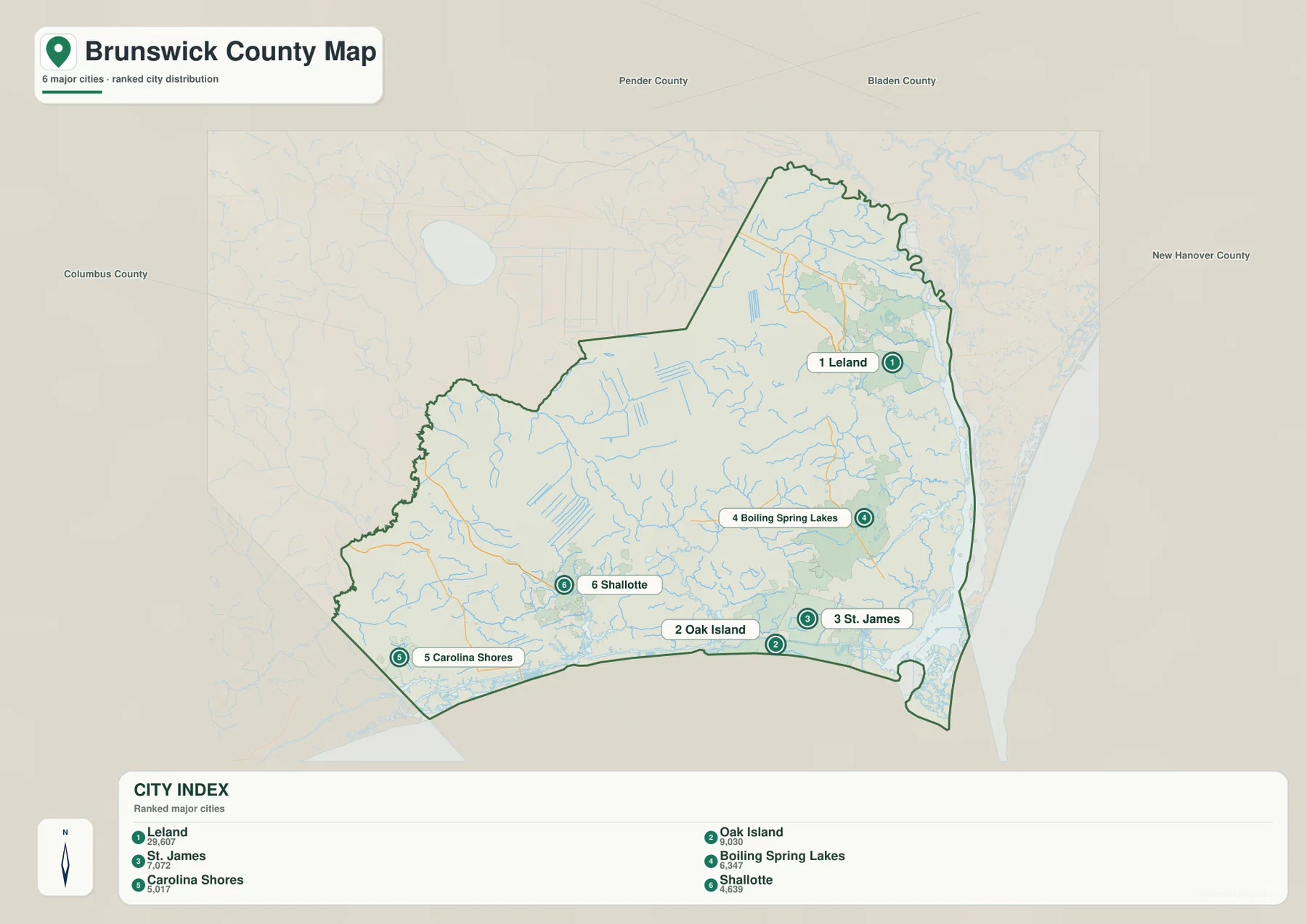 Brunswick County city map showing Leland, Oak Island, St. James, Boiling Spring Lakes, Carolina Shores, and Shallotte
