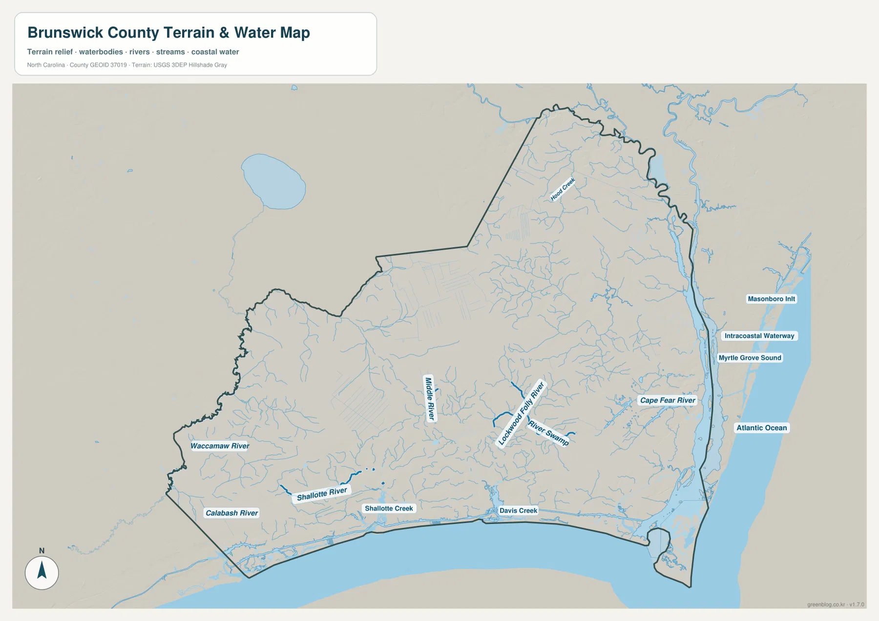 Brunswick County terrain and water map showing Cape Fear River, Waccamaw River, Shallotte River, Intracoastal Waterway, and Atlantic Ocean