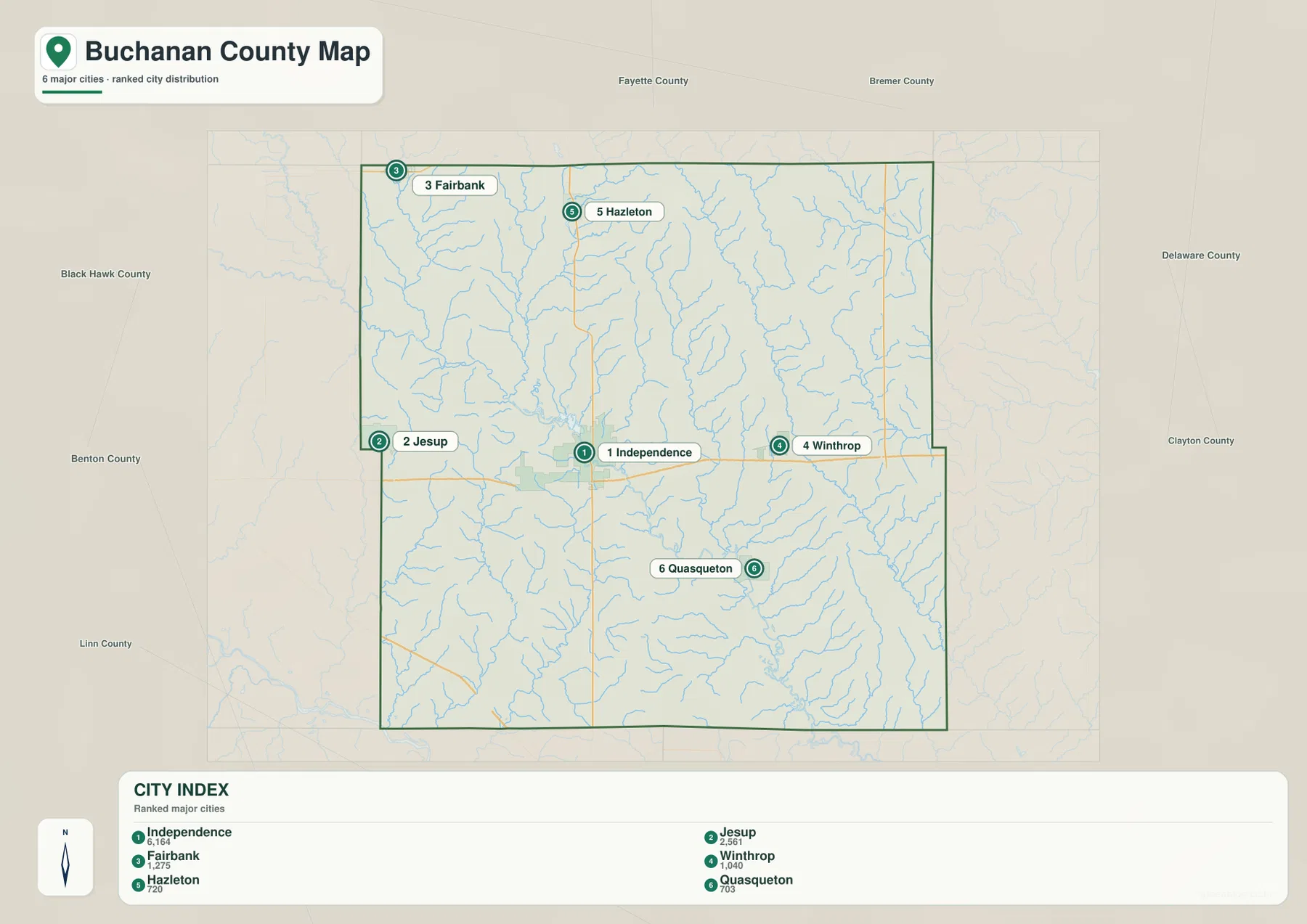 Buchanan County city map ranking Independence, Jesup, Fairbank, Winthrop, Hazleton, and Quasqueton