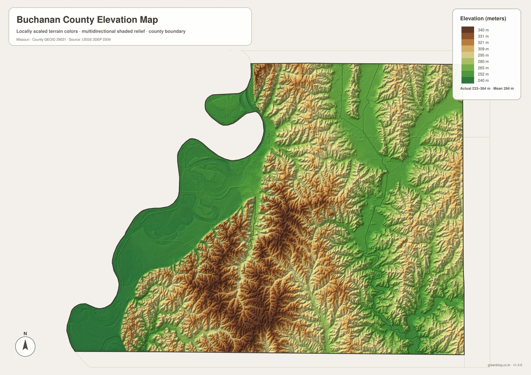 Buchanan County Missouri elevation map showing low Missouri and Platte River valleys and higher central and southwestern ridges