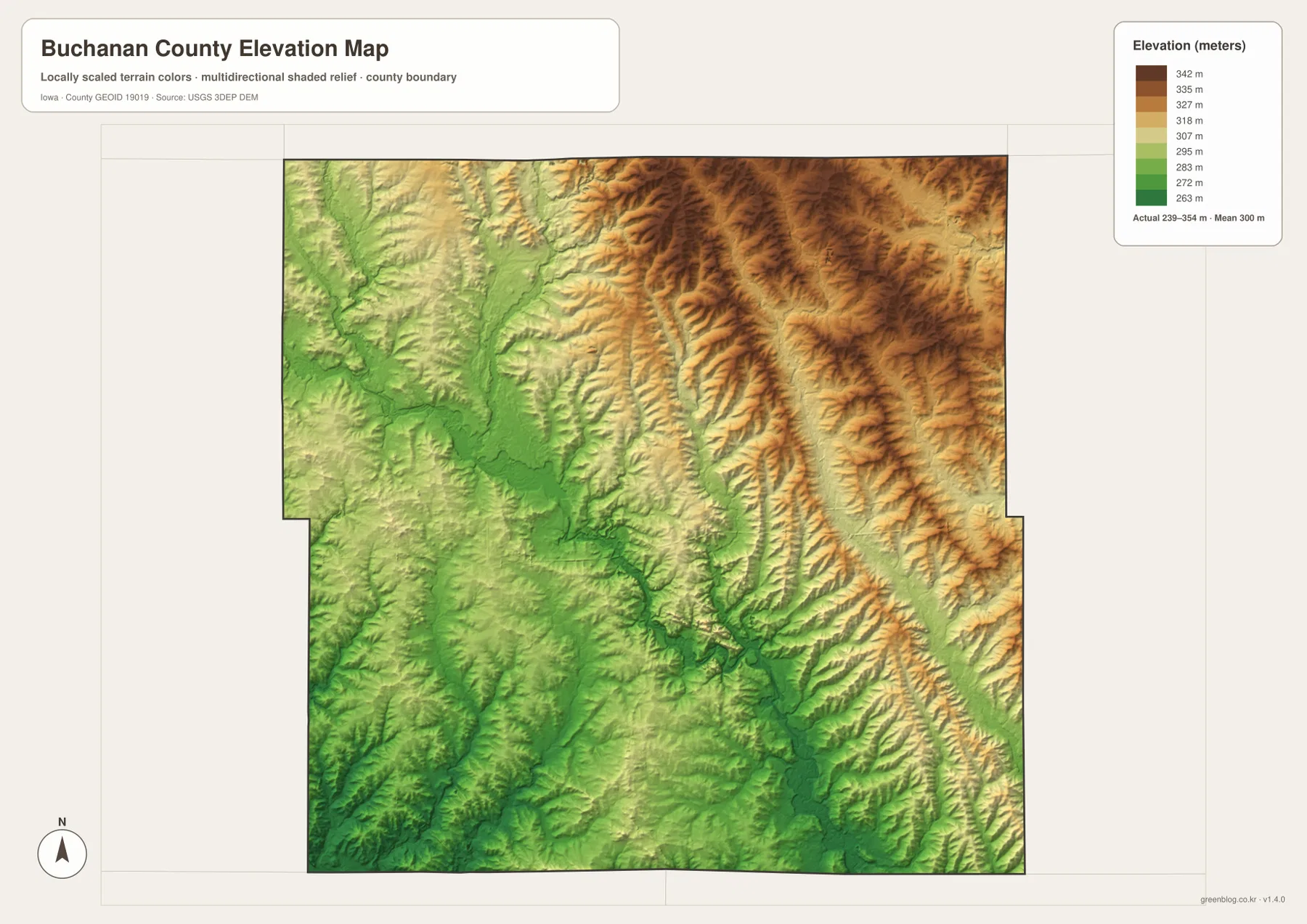 Buchanan County Iowa elevation map showing low western river valleys and higher eastern and northeastern terrain