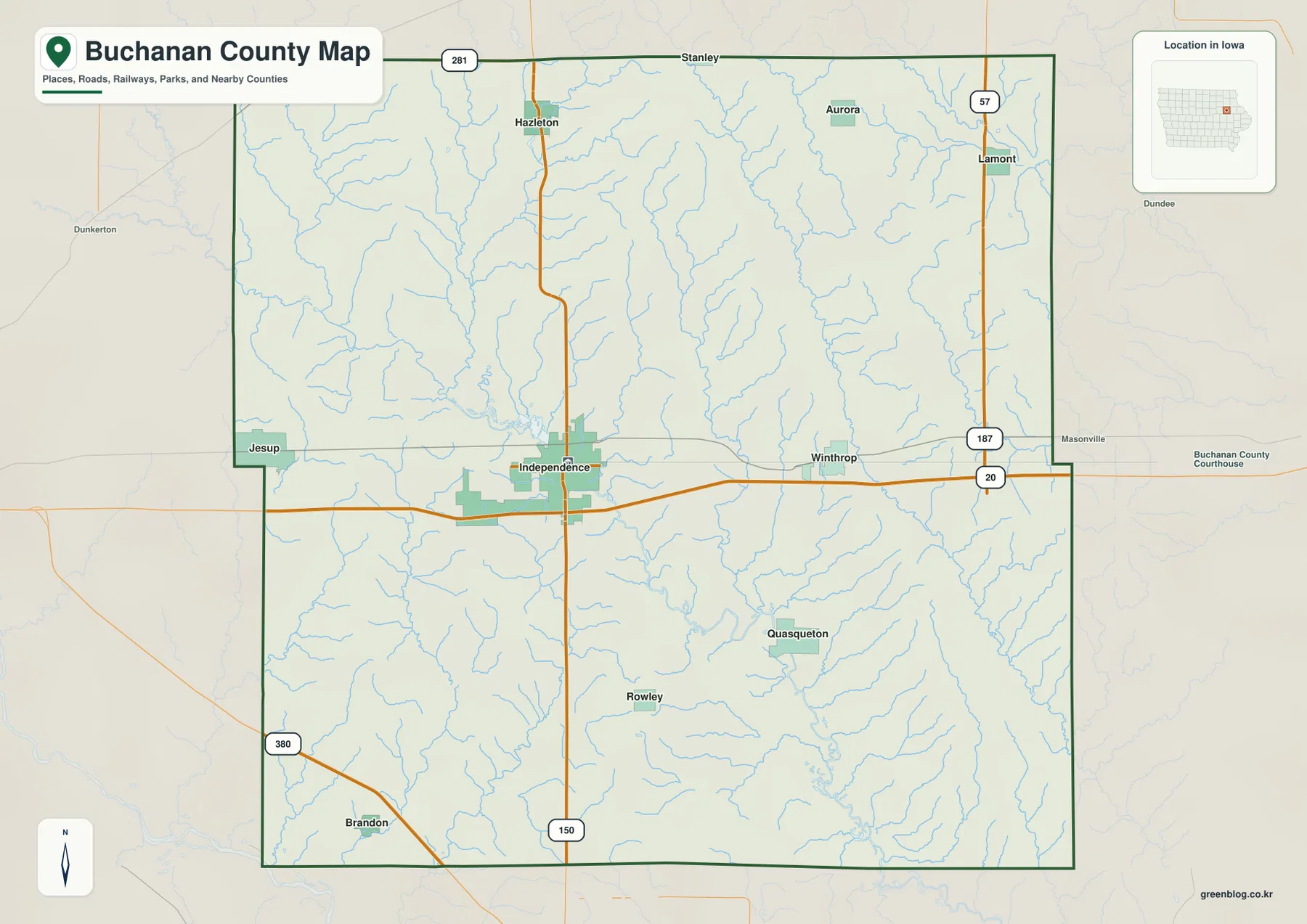 Buchanan County Iowa map showing Independence, Jesup, Winthrop, Hazleton, US 20, Iowa 150, roads, and waterways