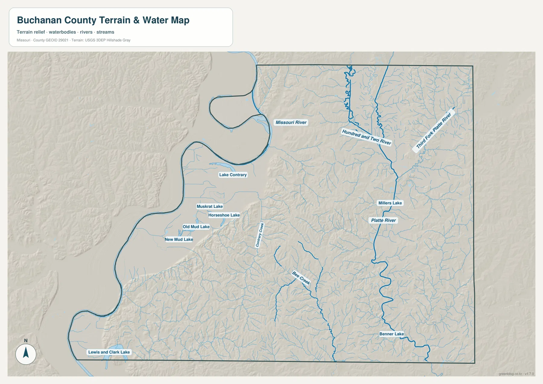 Buchanan County terrain and water map showing the Missouri River, Platte River, Hundred and Two River, Third Fork Platte River, Bee Creek, and named lakes