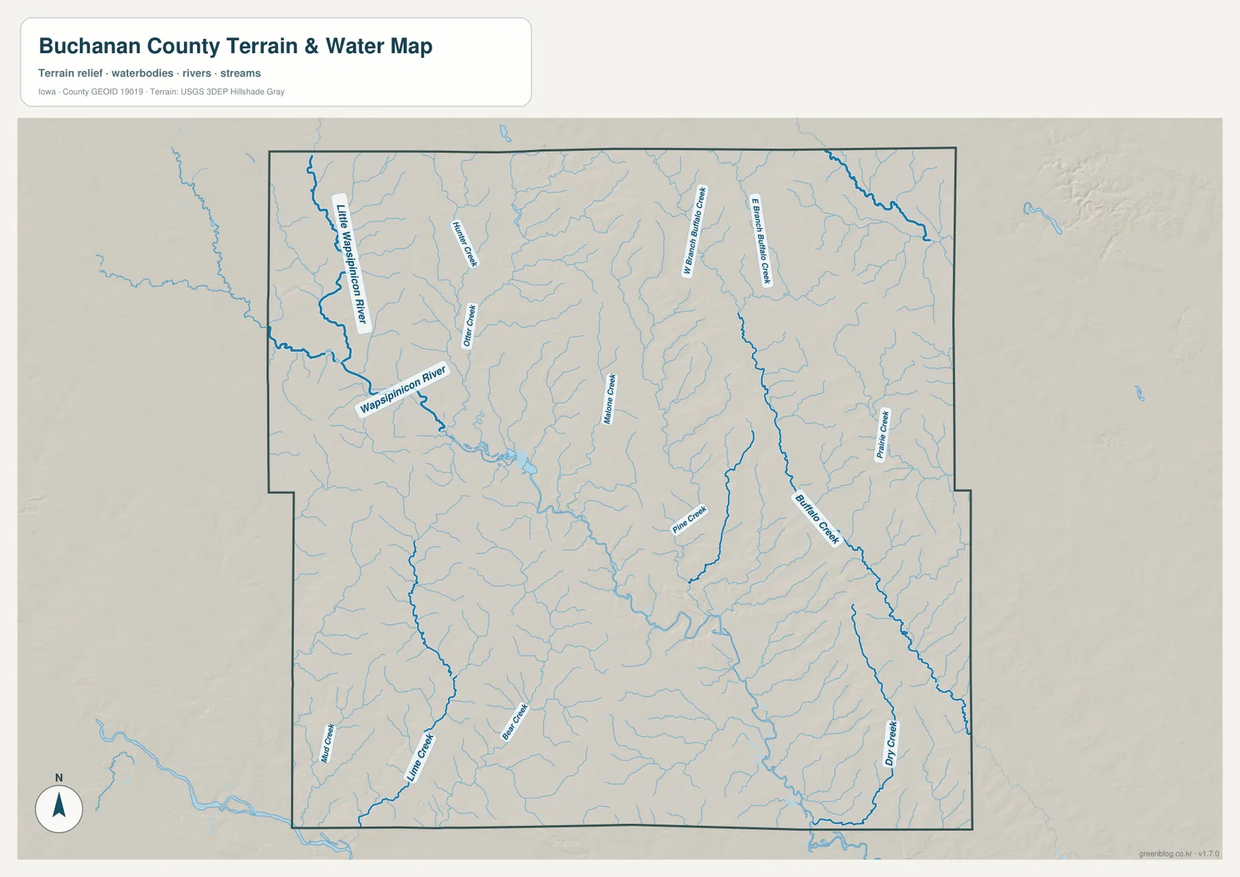 Buchanan County terrain and water map showing Wapsipinicon River, Little Wapsipinicon River, Buffalo Creek, and tributaries