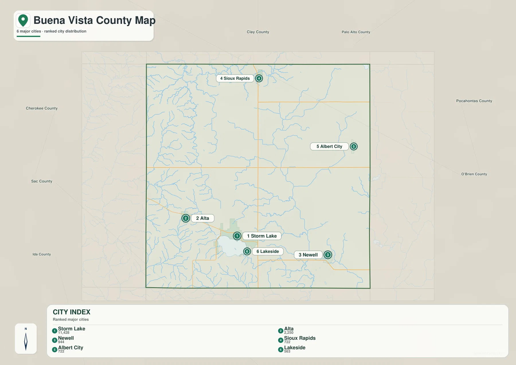 Storm Lake, Alta, Newell, Sioux Rapids, Albert City, Lakeside를 순위와 함께 표시한 부에나비스타 카운티 도시 지도