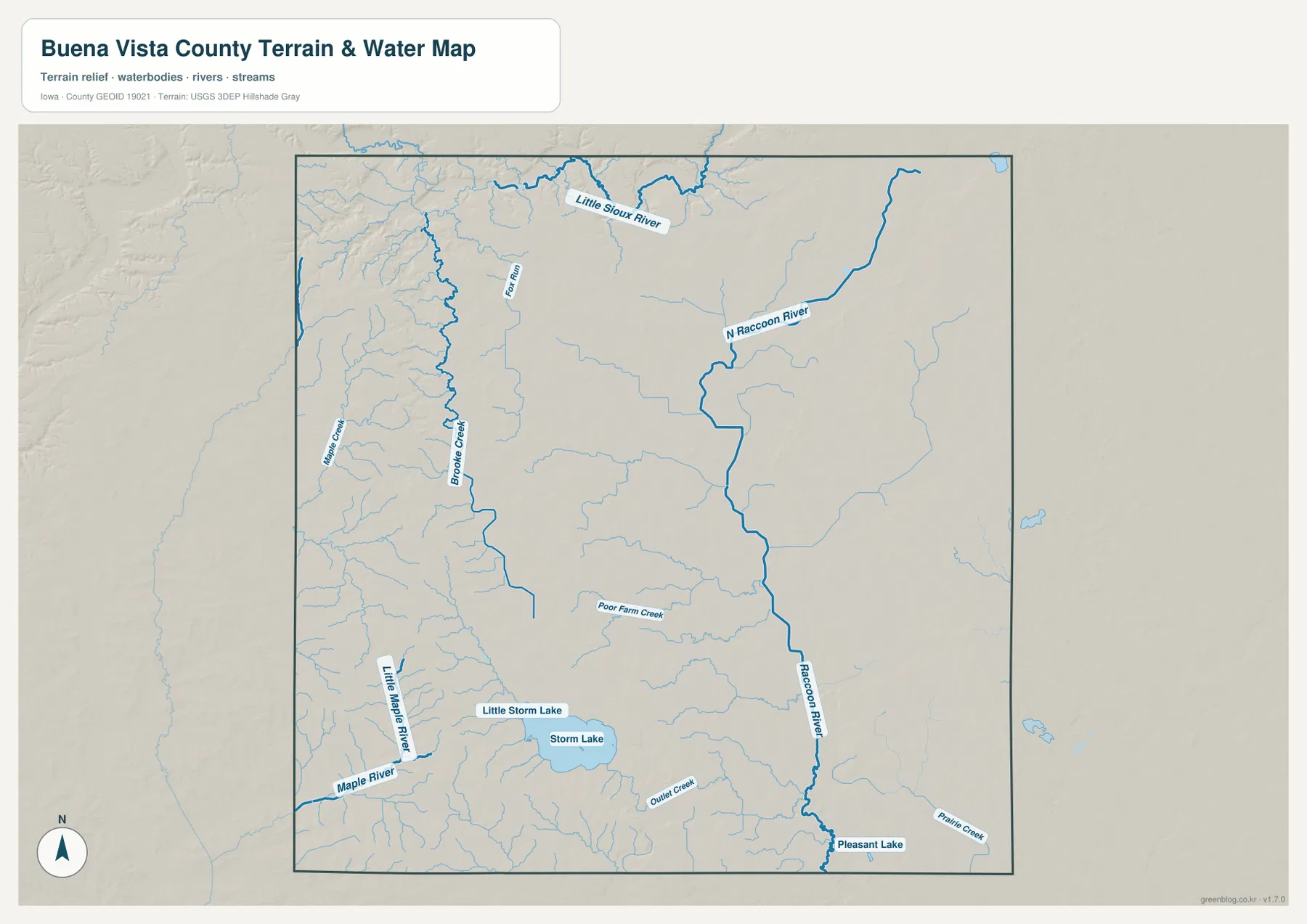 Little Sioux River, North Raccoon River, Maple River, Storm Lake와 여러 지류를 표시한 부에나비스타 카운티 수역 지형 지도