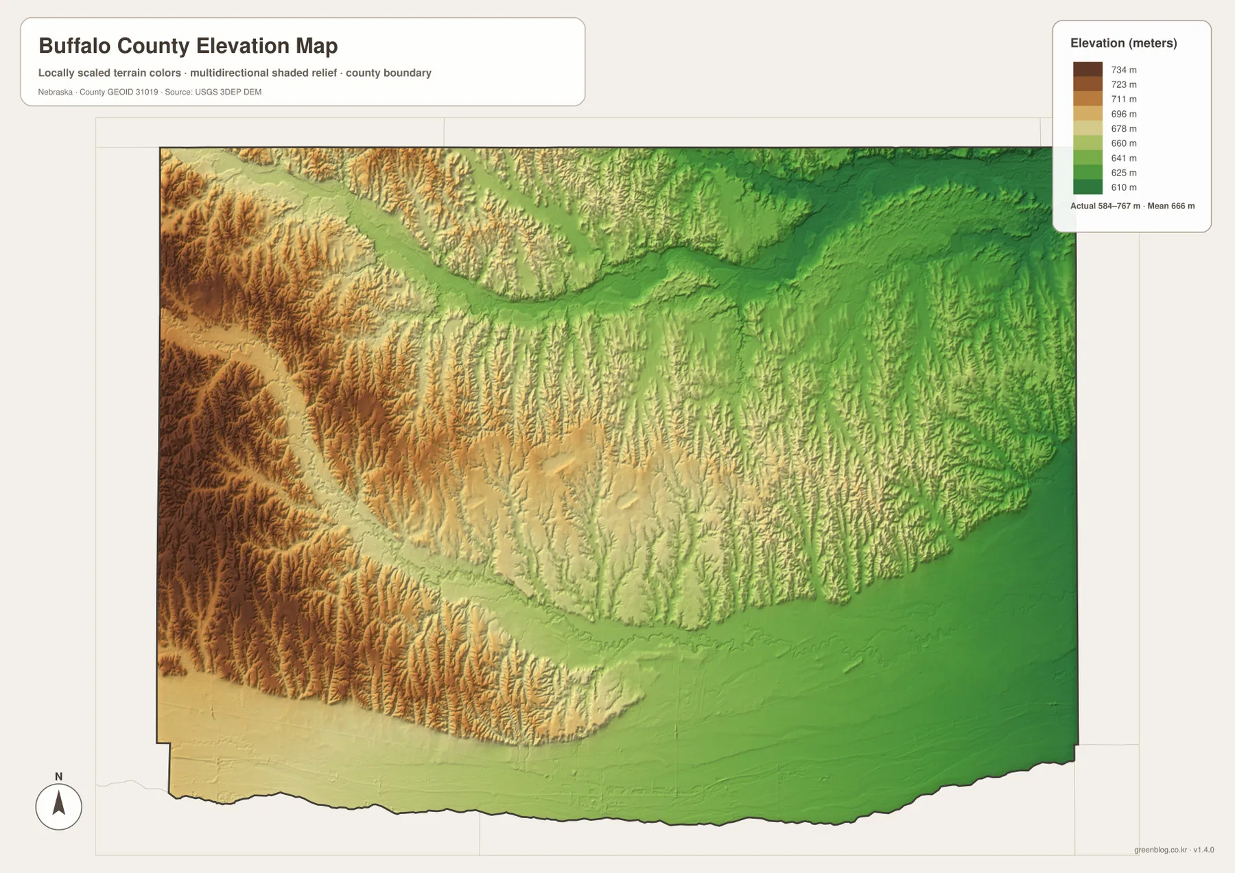 Buffalo County elevation map showing the low Platte River plain and higher western and northwestern terrain