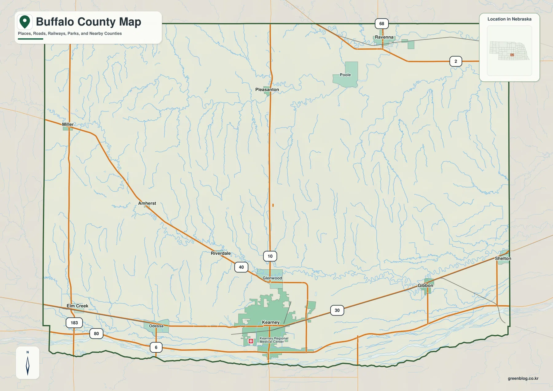 Buffalo County Nebraska map showing Kearney, Gibbon, Shelton, Ravenna, Elm Creek, major roads, streams, and county boundaries