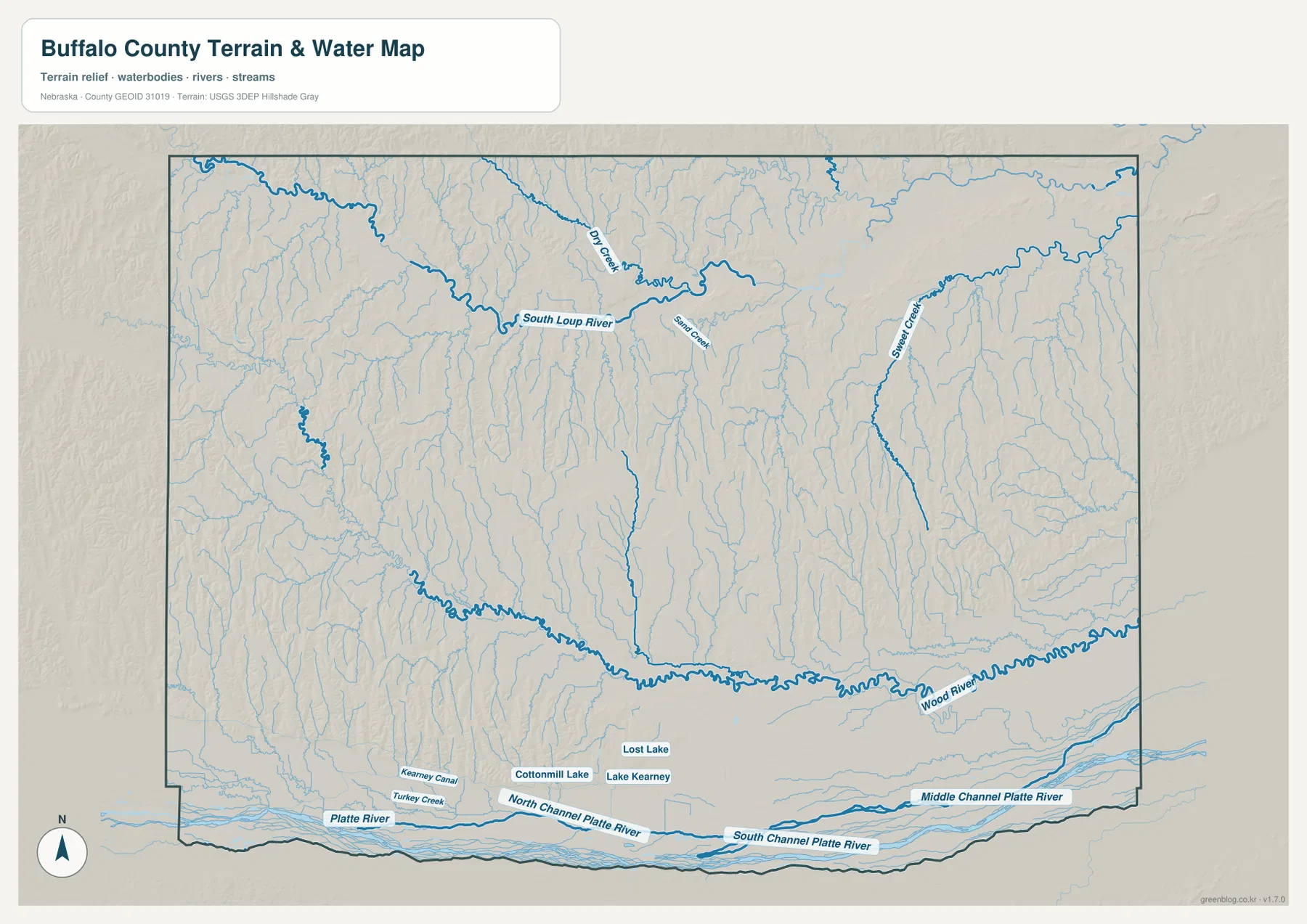 Buffalo County water map showing the Platte River channels, South Loup River, Wood River, Kearney Canal, creeks, and lakes