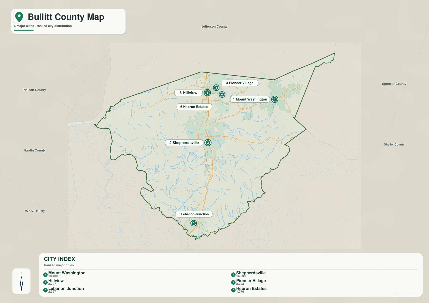 불릿 카운티의 Mount Washington, Shepherdsville, Hillview, Pioneer Village, Lebanon Junction, Hebron Estates 위치 지도