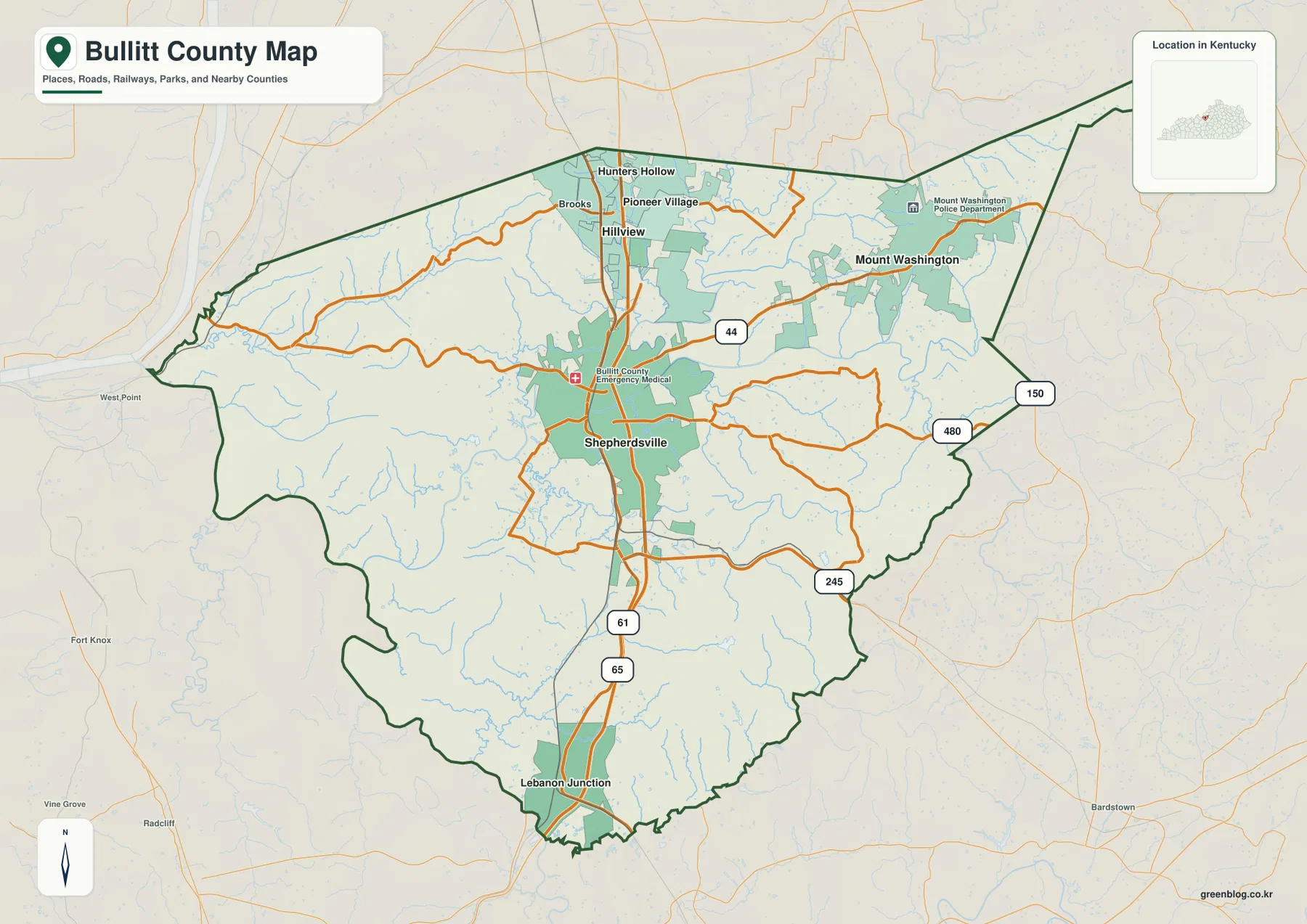불릿 카운티의 Shepherdsville, Mount Washington, Hillview, Lebanon Junction, I-65와 US 61을 보여 주는 지도