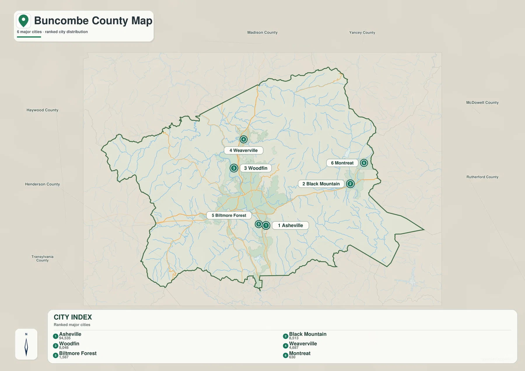 Buncombe County city map ranking Asheville Black Mountain Woodfin Weaverville Biltmore Forest and Montreat
