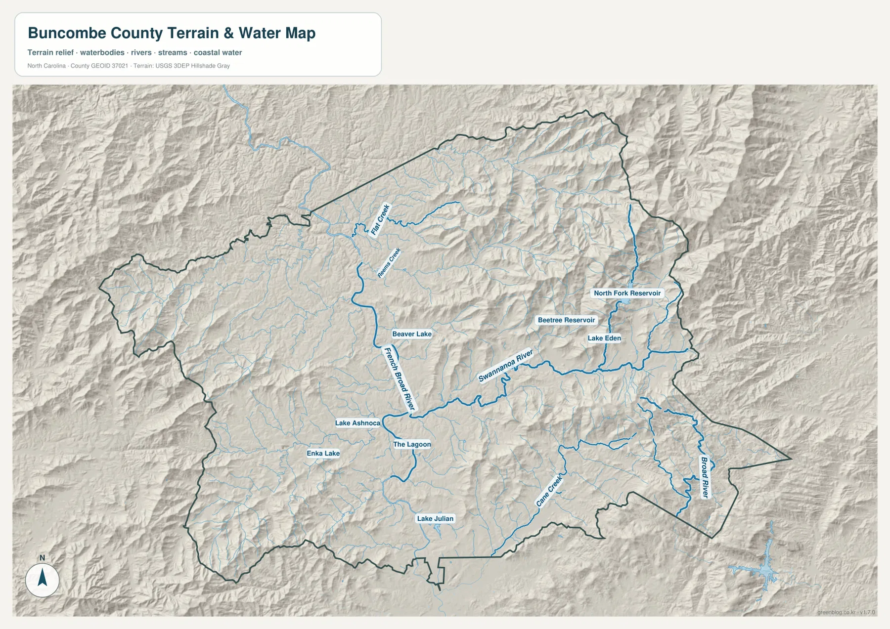 Buncombe County terrain and water map with French Broad River Swannanoa River reservoirs and mountain relief