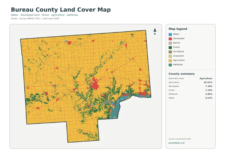 일리노이주 뷰로 카운티 토지 피복 지도(Bureau County) – 농업 82.61%와 Princeton·Illinois River 주변 분포