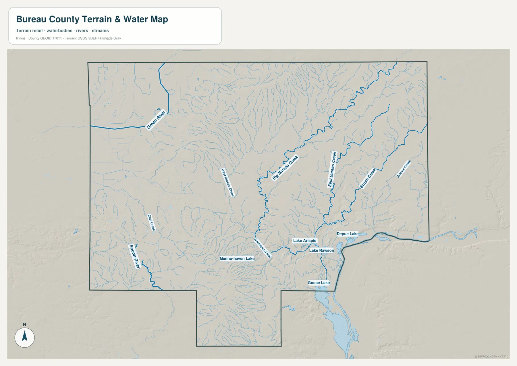 Big Bureau Creek, West and East Bureau Creek, Hennepin Canal, De Pue Lake, Lake Arispie, Spoon River와 여러 지류를 보여 주는 뷰로 카운티 수역 지형 지도