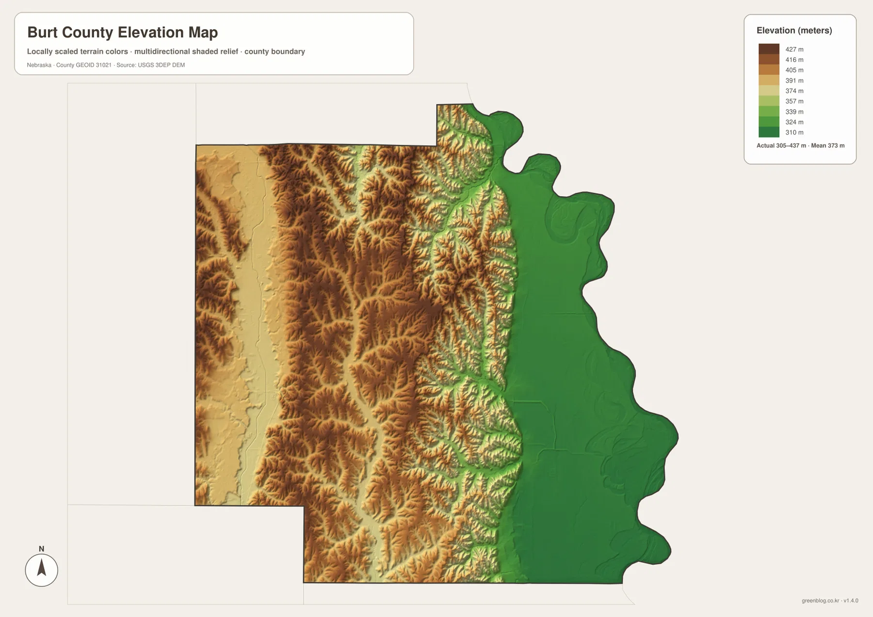 Burt County elevation map showing the low Missouri River plain and higher central and western hills