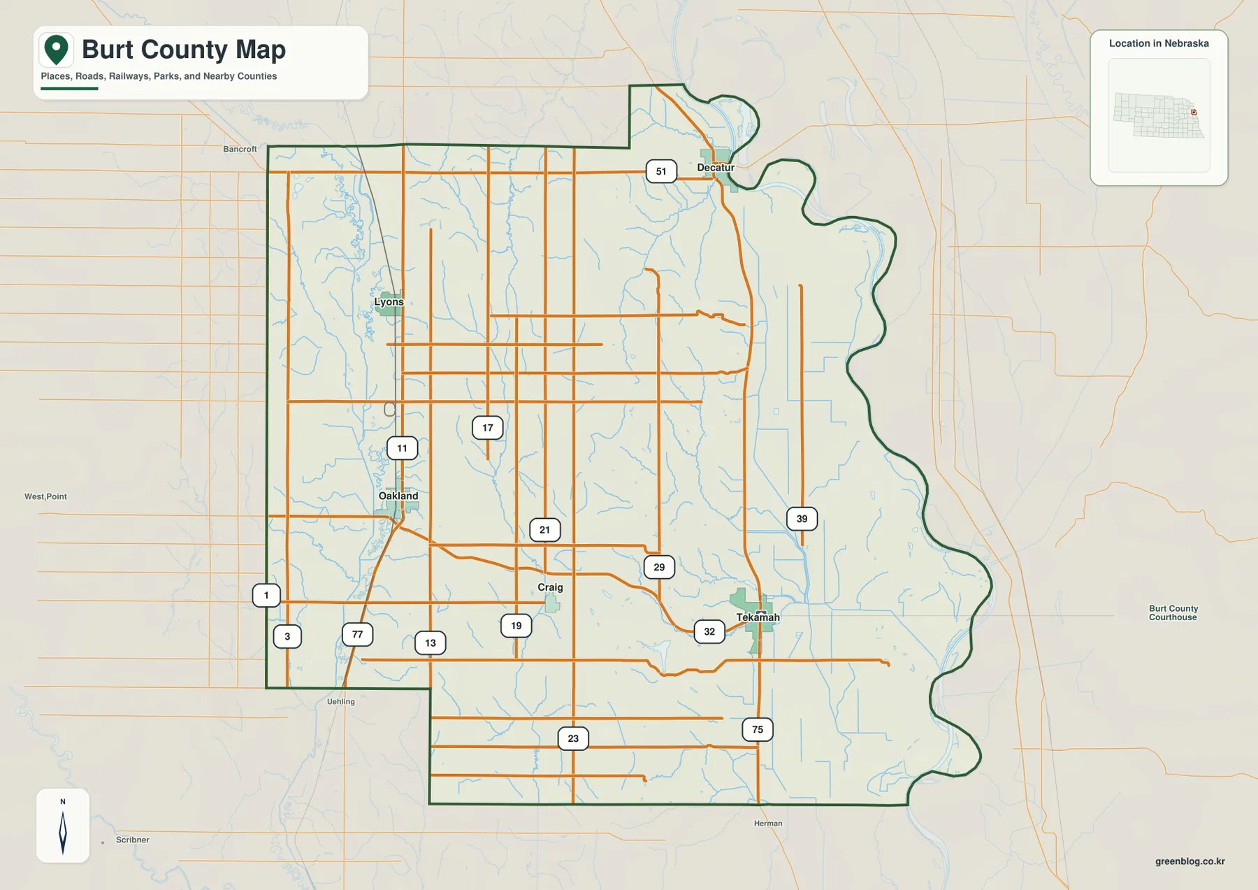 Burt County Nebraska map showing Tekamah, Oakland, Lyons, Decatur, Craig, major roads, streams, and county boundaries