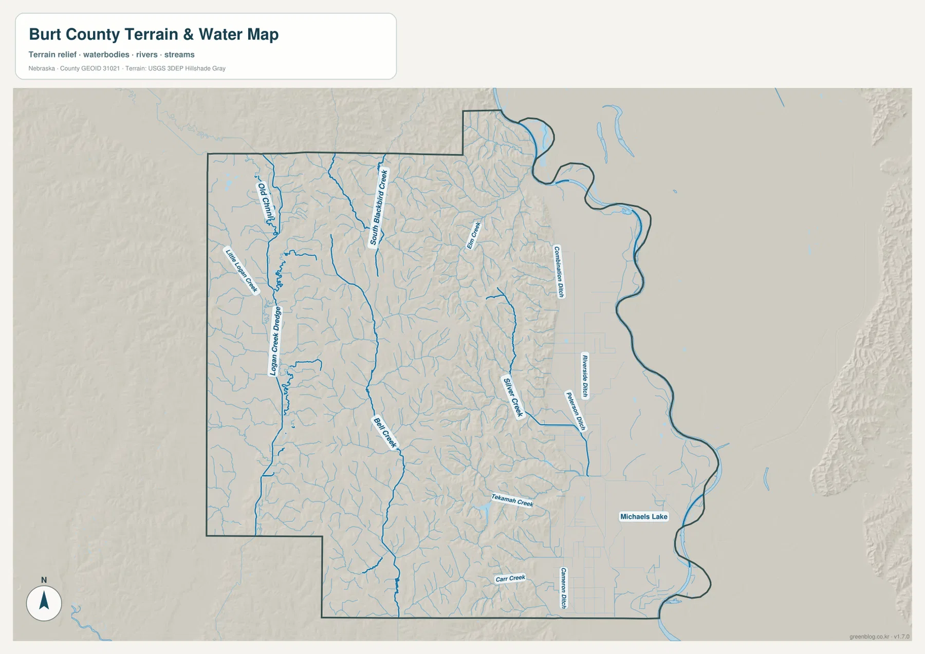 Burt County water map showing the Missouri River boundary, Logan Creek, Bell Creek, South Blackbird Creek, Silver Creek, Tekamah Creek, and drainage ditches