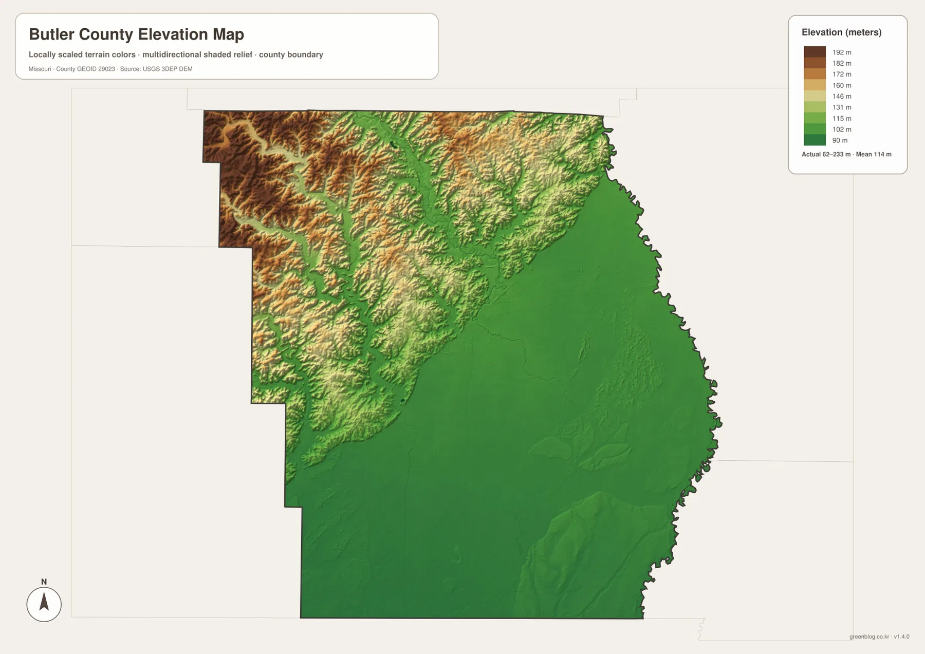 Butler County Missouri elevation map showing high Ozark foothills in the northwest and broad lowland in the south and east