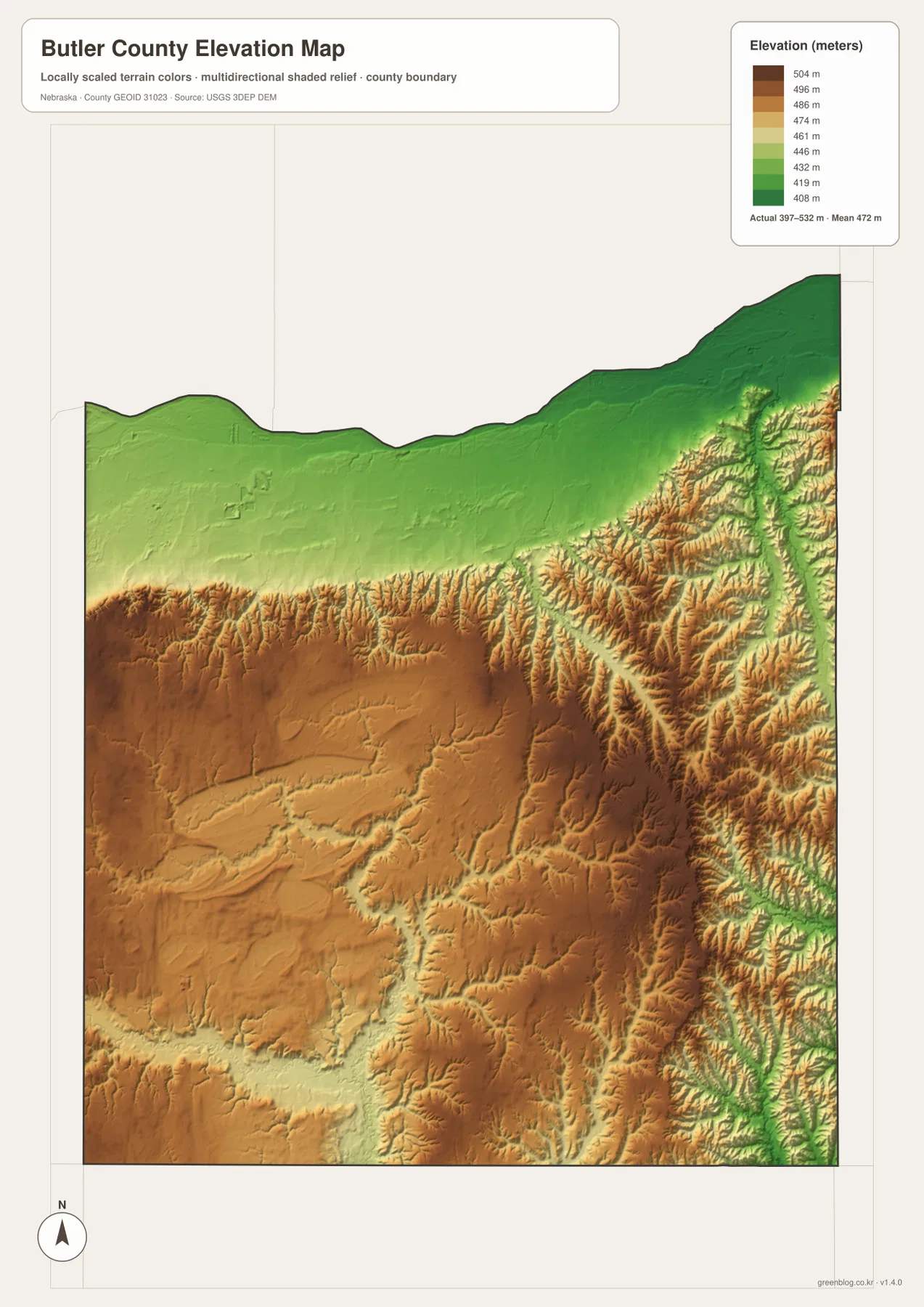 Butler County elevation map showing the low Platte River plain and higher central and southwestern uplands