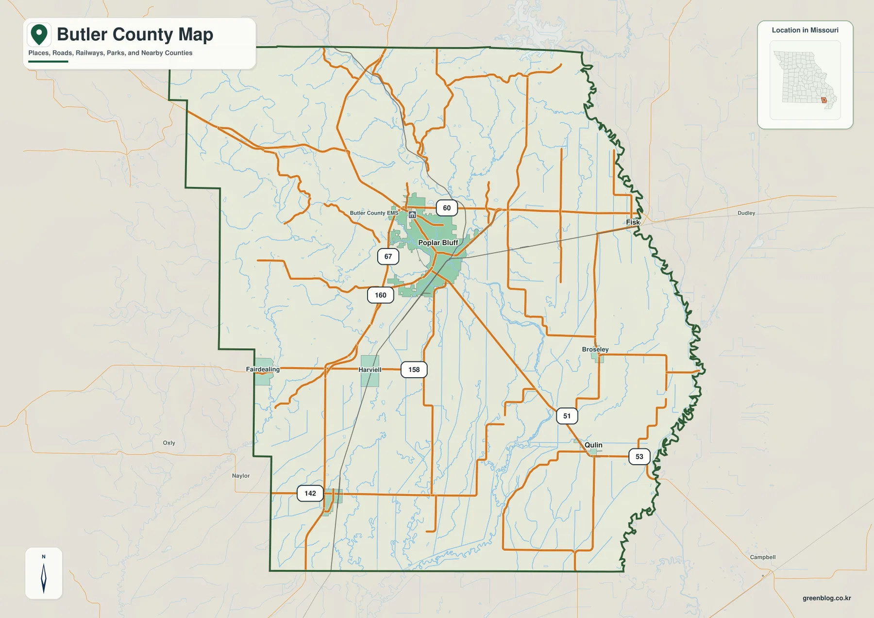 Butler County Missouri map showing Poplar Bluff, U.S. 60, U.S. 67, Fiske, Qulin, Neelyville, and major roads